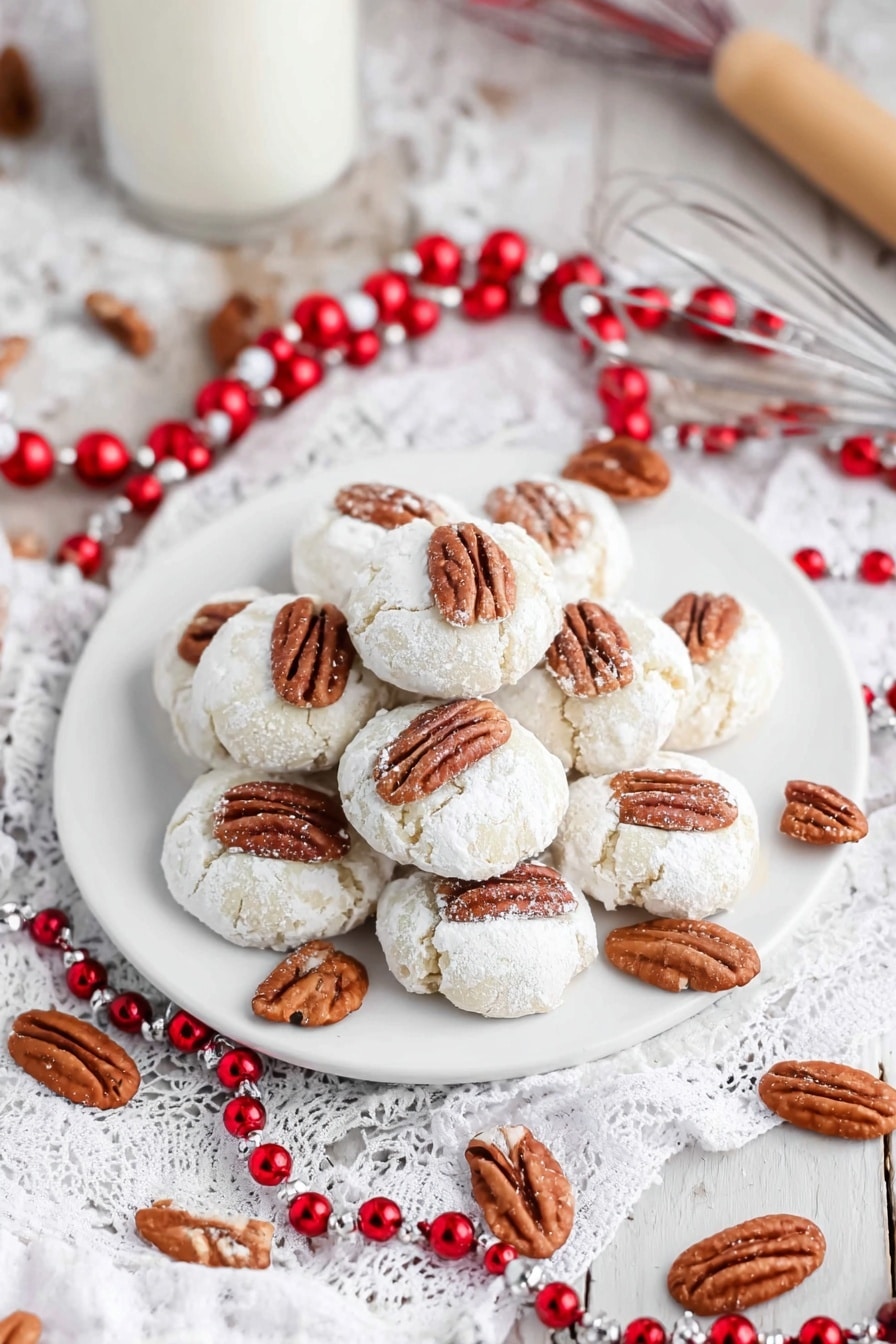 A close-up image of a single round cookie being held by a woman's hand, showing a light, cracked white surface with a glossy brown pecan half pressed into the top center. In the blurred background, many similar cookies with the same white cracked texture and pecan topping are placed closely together on a white plate set on a white marbled surface. The overall look focuses on the texture contrast between the rough pale cookie and the smooth, shiny nut on top. photo taken with an iphone --ar 2:3 --v 7 - Divinity Pecan Cookies, pecan cookie recipe, chewy pecan cookies, holiday cookie recipes, homemade pecan treats