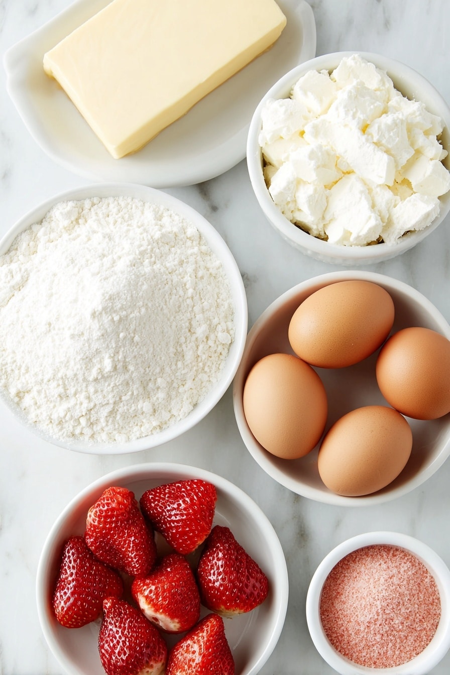 Flat lay of a small pile of whole uncracked brown eggs, a slab of unsalted butter with a soft matte surface, a small white bowl filled with granulated white sugar, a few sprigs of fresh vanilla bean pods, a small white bowl of fine white all-purpose flour, a small white bowl containing bright pink freeze dried strawberry powder, a few whole freeze dried strawberry slices with vibrant red color and textured surface, and a small white bowl with white powdered sugar, all arranged in perfect symmetry on a clean white ceramic surface, placed on a clean white marble surface, soft natural light, photo taken with an iPhone, professional food photography style, fresh ingredients, white ceramic bowls, no bottles, no duplicates, no utensils, no packaging --ar 2:3 --v 7 --p m7354615311229779997 - Strawberry Shortbread Cookies with Strawberry Glaze, easy strawberry shortbread cookies, homemade strawberry cookies, fruity shortbread crust, summer cookie recipes