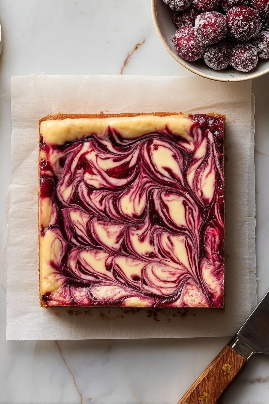 The image shows a stack of square dessert bars with two visible layers. The bottom layer is dark brown and looks dense and moist, resembling a chocolate base. The top layer is creamy off-white with swirls of bright red in a marbled pattern, creating a striking contrast against the dark base. The bars have slightly uneven edges with some crumbs around them, resting on a white marbled surface. The close-up view shows the texture of the layers clearly, making the red swirls stand out vividly. photo taken with an iphone --ar 2:3 --v 7 - Blackberry Swirl Cheesecake Brownies, chocolate cheesecake brownies with blackberry, berry swirl brownie dessert, fudgy blackberry cheesecake bars, easy blackberry brownie recipe