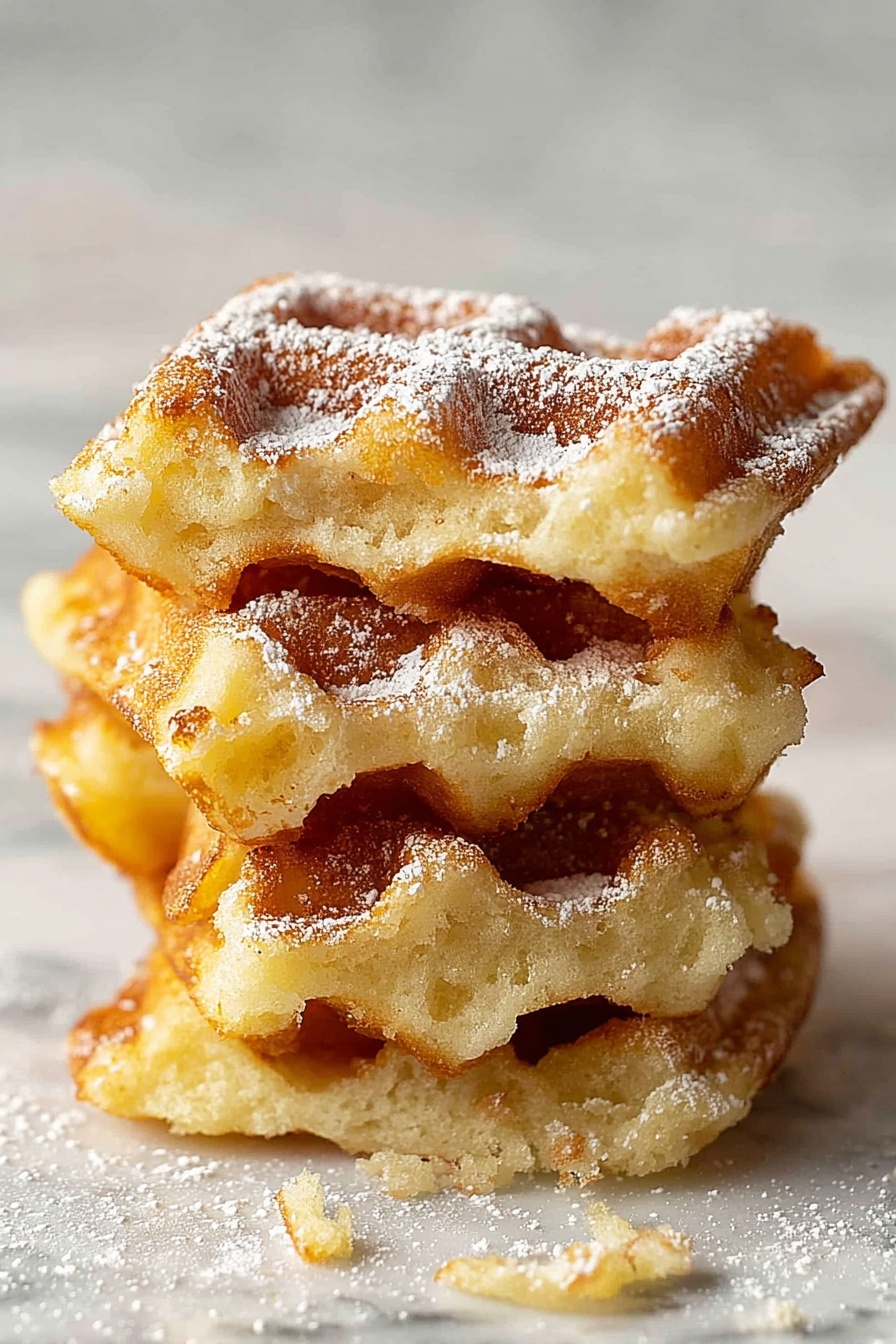A stack of four golden brown waffle pieces with a slightly rough texture is shown on a white marbled surface. Each piece has a crispy outer layer and airy, soft inside, with visible pockets and uneven edges that look freshly torn. The top of the waffle pieces is sprinkled with powdered sugar, which also lightly dusts the surface around them. Small crumbs are scattered near the base of the stack, enhancing the fresh and inviting appearance. photo taken with an iphone --ar 2:3 --v 7 - Vanilla Waffle Cookies, vanilla waffle cookies recipe, easy waffle cookies, crispy waffle cookies, homemade waffle cookies
