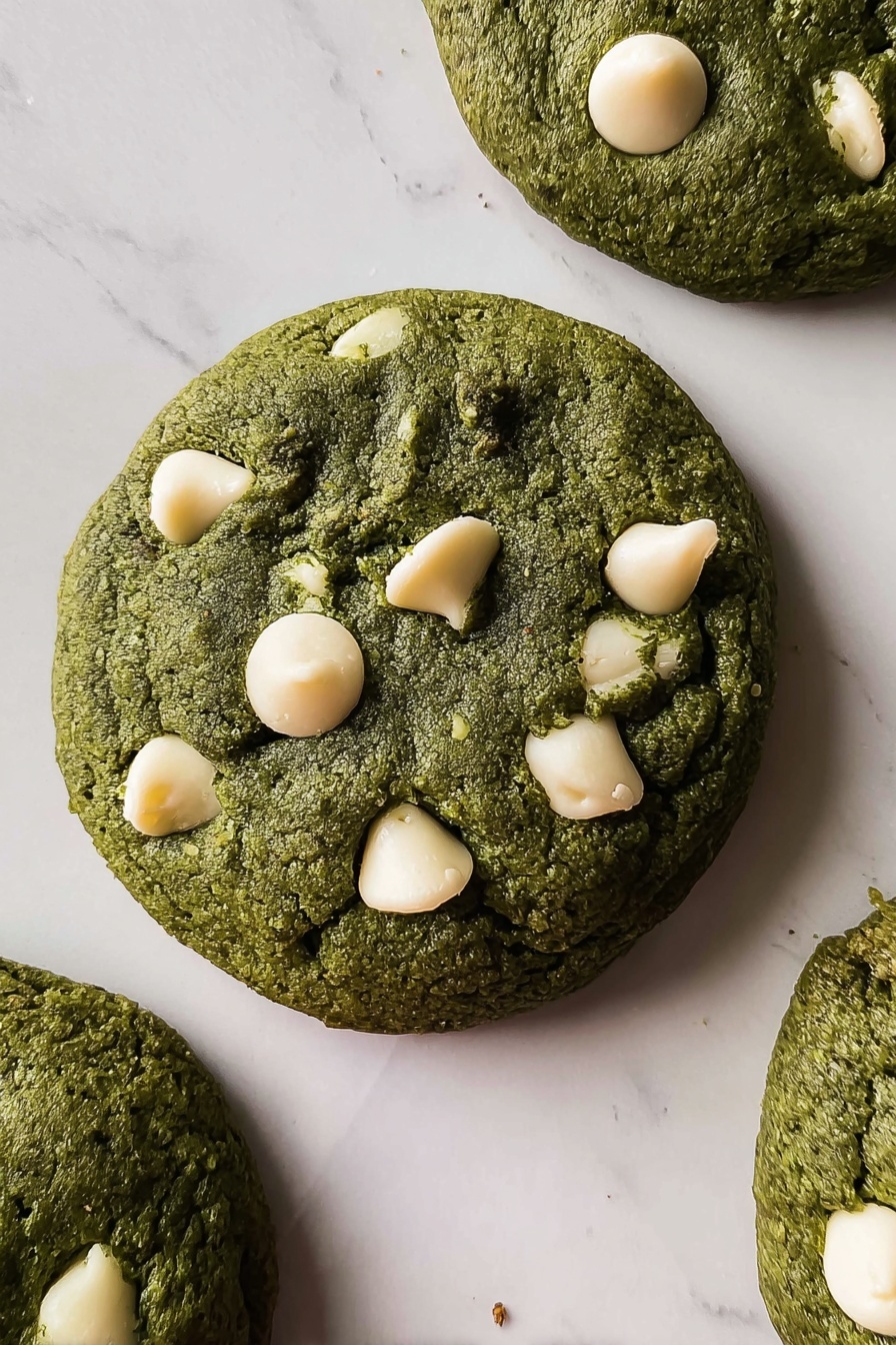 Eight round green cookies with white chocolate chips are placed in two neat rows on a smooth white marbled surface. The cookies have a soft texture, with the white chips partly melted and embedded on top and inside each cookie. The green color looks rich and even across each cookie, showing slight cracks and folds on the surface that add texture. The overall look is warm and inviting, with the cookies closely arranged and slightly touching. photo taken with an iphone --ar 2:3 --v 7 - Matcha Cookies with White Chocolate, matcha white chocolate cookies, green tea cookies, easy matcha cookie recipe, healthy white chocolate cookies