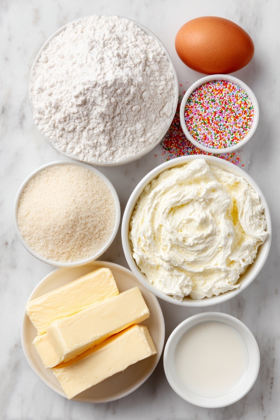 Flat lay of a small mound of all purpose flour next to a smaller heap of almond flour, a few colorful rainbow sprinkles scattered nearby, a small white ceramic bowl filled with granulated sugar, a single large whole brown egg with a clean shell, a few whole sticks of unsalted butter at room temperature, a small white ceramic bowl with smooth cream cheese, a small white ceramic bowl containing sifted powdered sugar, a small white ceramic bowl holding pale milk, a small white ceramic bowl with clear vanilla extract, and a tiny white ceramic bowl with almond extract, all arranged symmetrically with balanced proportions placed on a clean white marble surface, soft natural light, photo taken with an iPhone, professional food photography style, fresh ingredients, white ceramic bowls, no bottles, no duplicates, no utensils, no packaging --ar 2:3 --v 7 --p m7354615311229779997 - Funfetti Sandwich Cookies with Cream Cheese Frosting, colorful funfetti cookie recipe, easy festive sandwich cookies, soft sugar cookies with frosting, birthday cookie treats