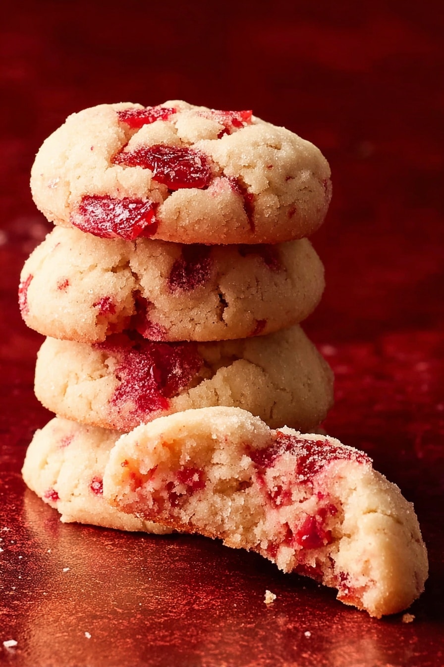 A stack of four soft, round cookies with a pale beige color is shown on a reddish surface. Each cookie contains bright red chunks embedded in the dough, giving a contrast of colors and textures. The top three cookies are stacked neatly, while the bottom cookie is broken in half with the inside texture visible, showing a slightly crumbly but soft interior with red pieces spread unevenly. The background surface has a rich, red texture that enhances the cookies’ light color. photo taken with an iphone --ar 2:3 --v 7 - Cherry Cookies with Almond Flavor, cherry cookies recipe, almond-flavored cookies, fruit and nut cookies, easy cherry cookie recipe