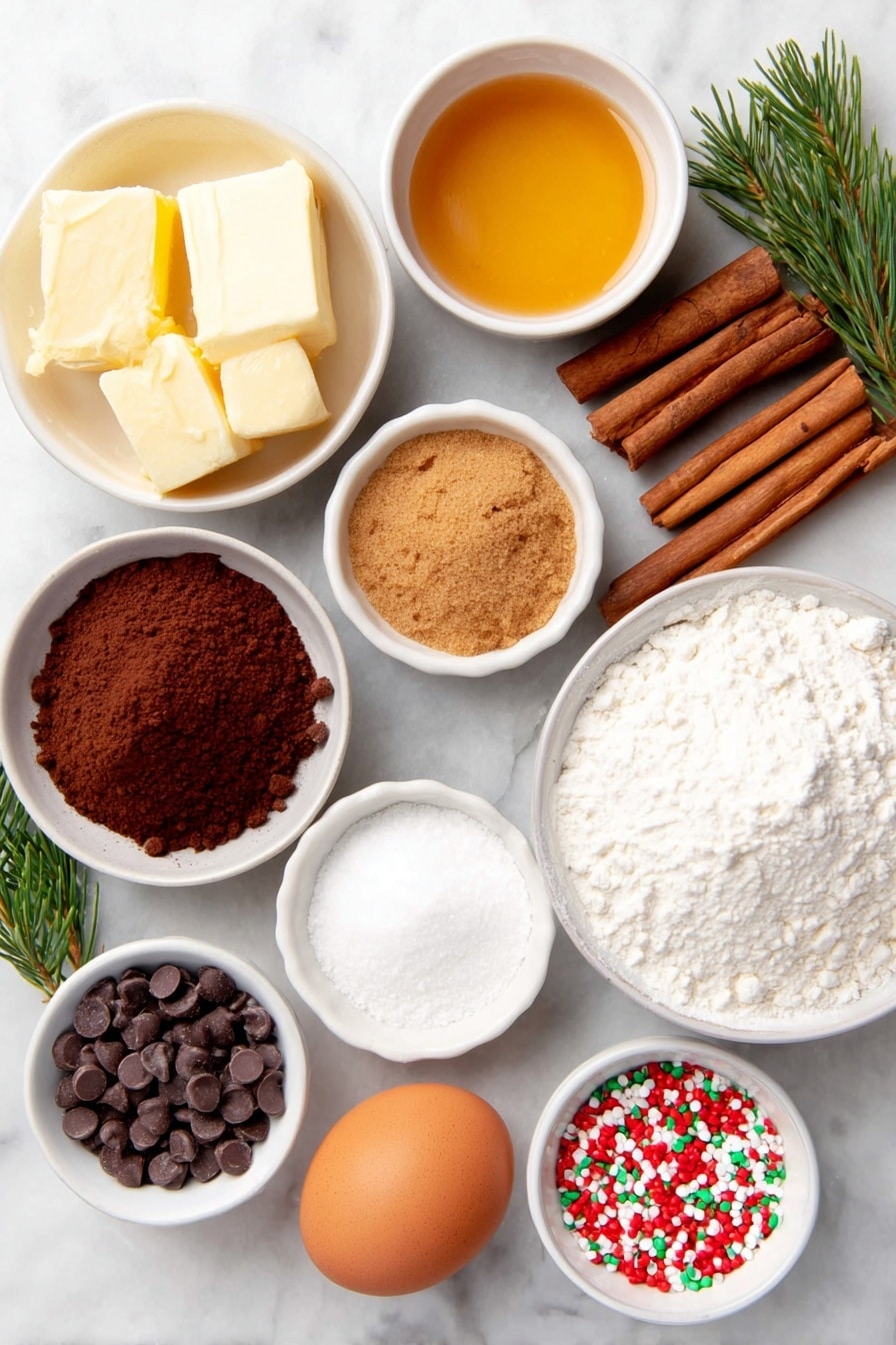 Flat lay of a few sprigs of fresh cinnamon sticks, a small white ceramic bowl with golden melted unsalted butter, a small white ceramic bowl holding golden molasses, a small white ceramic bowl filled with light brown granulated sugar, a small white ceramic bowl with rich dark brown packed brown sugar, a single large brown egg with a clean shell, a small white ceramic bowl of all-purpose flour, a small white ceramic bowl with ground ginger powder, a small white ceramic bowl of ground cinnamon powder, a small white ceramic bowl with finely ground nutmeg, a small white ceramic bowl containing white baking powder, a small white ceramic bowl with baking soda, a small white ceramic bowl holding fine white salt, a small white ceramic bowl of mixed white and dark chocolate chips, a small heap of colorful festive sprinkles in red and green, a small pile of bright red candy color pieces, all arranged with perfect symmetry on a clean white marble surface, soft natural light, photo taken with an iPhone, professional food photography style, fresh ingredients, white ceramic bowls, no bottles, no duplicates, no utensils, no packaging --ar 2:3 --v 7 --p m7354615311229779997 - Gingerbread Blondies with White Chocolate Drizzle, festive holiday treats, easy gingerbread blondies, white chocolate glazed blondies, holiday dessert idea