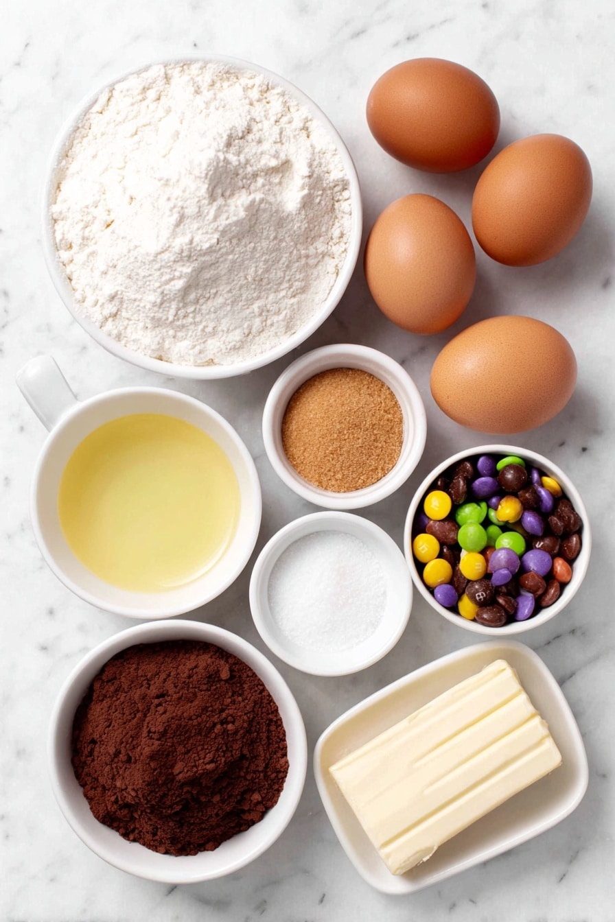 Flat lay of a small mound of all-purpose flour, a whole stick of salted butter, a small heap of light brown sugar, a small heap of granulated sugar, two whole brown eggs with clean shells, a small white ceramic bowl of vegetable oil, a small white ceramic bowl of water, a small white ceramic bowl of heavy cream, a few mini semi-sweet chocolate chips scattered, a few mini colorful M&M’s candies scattered, a small glass bowl containing unboxed fudge brownie mix powder, a small white ceramic bowl of vanilla extract, a pinch of salt in a tiny white ceramic bowl, all arranged with perfect symmetry on a clean white marble surface, soft natural light, photo taken with an iPhone, professional food photography style, fresh ingredients, white ceramic bowls, no bottles, no duplicates, no utensils, no packaging --ar 2:3 --v 7 --p m7354615311229779997 - Cookie Dough Brownie Bars, delicious cookie dough brownie bars, easy cookie dough brownie dessert, no-bake cookie dough brownie bars, homemade cookie dough brownie treats