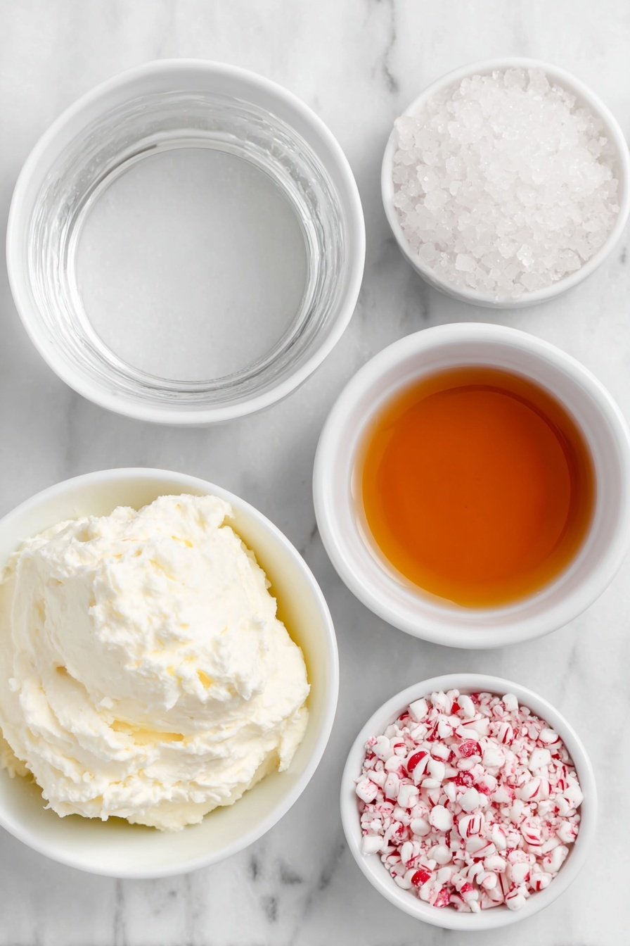 Flat lay of a small white ceramic bowl of cold clear water, a small white ceramic bowl with pale translucent unflavored gelatin granules, a small white ceramic bowl filled with creamy sweetened condensed milk, a small white ceramic bowl containing clear peppermint schnapps, a small white ceramic bowl with a few drops of bright red food coloring, a dollop of fluffy extra creamy whipped topping on a small white ceramic dish, a small pile of whole mini candy canes, and a small white ceramic bowl with candy cane-shaped red and white jimmie sprinkles, all arranged symmetrically and balanced, placed on a clean white marble surface, soft natural light, photo taken with an iPhone, professional food photography style, fresh ingredients, white ceramic bowls, no bottles, no duplicates, no utensils, no packaging --ar 2:3 --v 7 --p m7354615311229779997 - Candy Cane Peppermint Jello Shots, festive holiday jello shots, mint flavored holiday drinks, quick holiday party shots, peppermint schnapps recipes