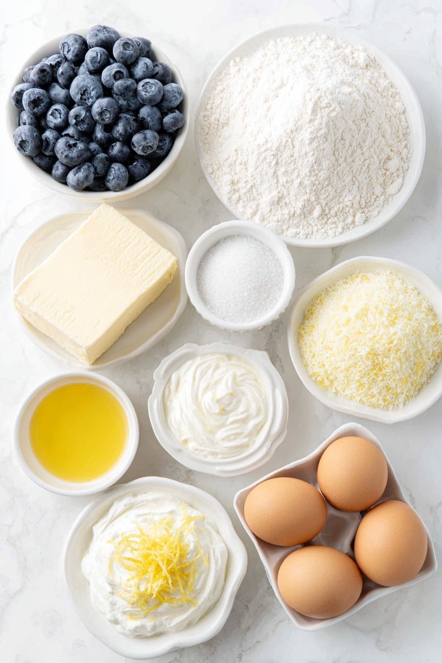 Flat lay of fresh blueberries spilling from a small white ceramic bowl, a small white ceramic bowl filled with granulated white sugar, a small white ceramic bowl holding vibrant lemon juice, a few fresh vanilla beans arranged beside a small white ceramic bowl of pure cornstarch, a slab of unsalted butter resting on a simple white ceramic dish, a mound of all-purpose flour on a white ceramic plate, a pinch of coarse salt on a small white ceramic bowl, a block of cream cheese softened at room temperature on a plain white ceramic plate, a small white ceramic bowl of smooth sour cream, three whole brown eggs with clean shells arranged in a line on a white ceramic dish, and freshly grated lemon zest delicately spread on a small white ceramic plate, placed on a clean white marble surface, soft natural light, photo taken with an iPhone, professional food photography style, fresh ingredients, white ceramic bowls, no bottles, no duplicates, no utensils, no packaging --ar 2:3 --v 7 --p m7354615311229779997 - Blueberry Cheesecake Bars, blueberry dessert, cheesecake bars, fruit cheesecake, easy blueberry dessert