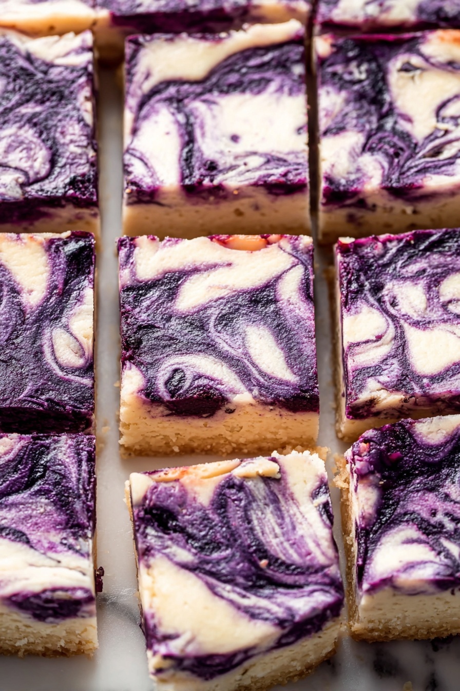 The image shows a close-up of square pieces of dessert bars with three visible layers on a wooden surface with a white marbled texture in the background. The bottom layer is thick and light beige, resembling a soft cookie or crust. The middle layer is creamy and off-white, smooth and dense. The top layer is a purple-blue swirl with a marbled texture that looks like blueberry sauce mixed with a cream layer, creating a mixture of dark purple and lighter cream colors. One piece in the front has a bite taken from it, showing the three layers clearly. Around the dessert, whole blueberries and a pale blue flower petal rest on the wooden surface. Photo taken with an iphone --ar 2:3 --v 7 - Blueberry Cheesecake Bars, blueberry dessert, cheesecake bars, fruit cheesecake, easy blueberry dessert