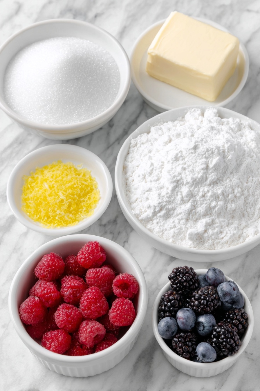 Flat lay of a small mound of granulated white sugar, a small pile of bright yellow lemon zest, a square of unsalted butter softened to a creamy texture, a small white bowl filled with vanilla extract, a neat heap of all-purpose flour, a small mound of fine salt, fresh red raspberries, plump fresh blueberries, glossy fresh blackberries, a small white bowl of cornstarch, and a small white bowl containing pale yellow lemon juice placed on a clean white marble surface, soft natural light, photo taken with an iPhone, professional food photography style, fresh ingredients, white ceramic bowls, no bottles, no duplicates, no utensils, no packaging --ar 2:3 --v 7 --p m7354615311229779997 - Triple Berry Crumble Bars, berry crumble bars, easy berry dessert, homemade fruit bars, handheld berry bars