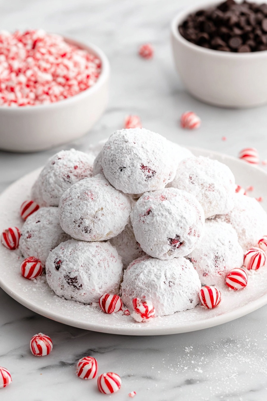 A white plate piled high with round, snowball-like cookies dusted thickly with powdered sugar, showing hints of red bits inside. Scattered among the cookies and around the plate are small red and white striped peppermint candies, adding festive color and contrast. Behind the plate are two white bowls, one filled with more peppermint candies and the other with small dark chocolate chips. The entire scene rests on a white marbled surface. photo taken with an iphone --ar 2:3 --v 7 - Peppermint Snowball Cookies, peppermint holiday cookies, buttery snowball cookies, chocolate peppermint cookies, festive Christmas cookies