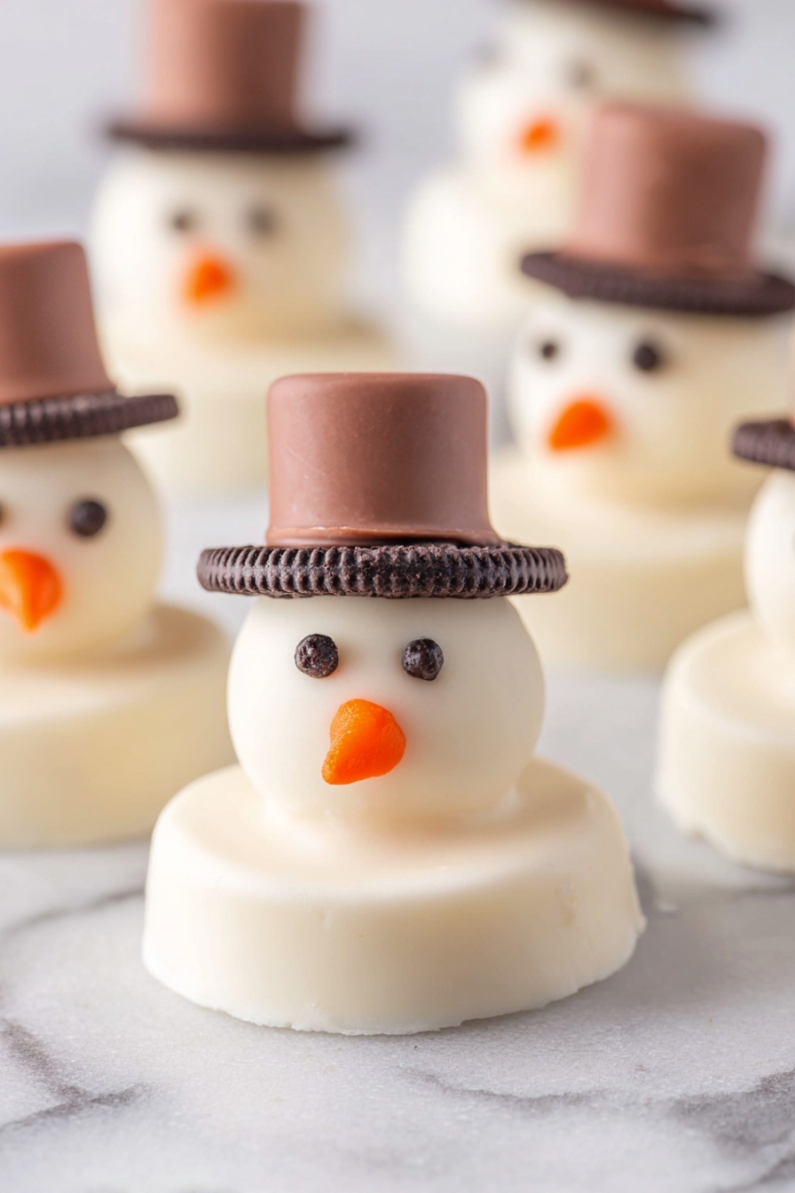 The image shows small snowman-shaped treats made with three main layers: a round white base for the snowman’s body, smooth and glossy in texture; a dark brown Oreo cookie placed flat on top of the white base to act as the hat's brim; and a cylindrical piece of light brown chocolate sitting on the Oreo to form the hat's crown. Each snowman has two small round black eyes and a little orange carrot-shaped nose made from icing or candy on the front of the white base. The treats are placed on a white marbled surface with soft lighting, giving a clean and bright look. Photo taken with an iphone --ar 2:3 --v 7 - Snowman Oreo Ball, festive Christmas treats, holiday dessert ideas, easy Oreo ball recipes, winter party snacks