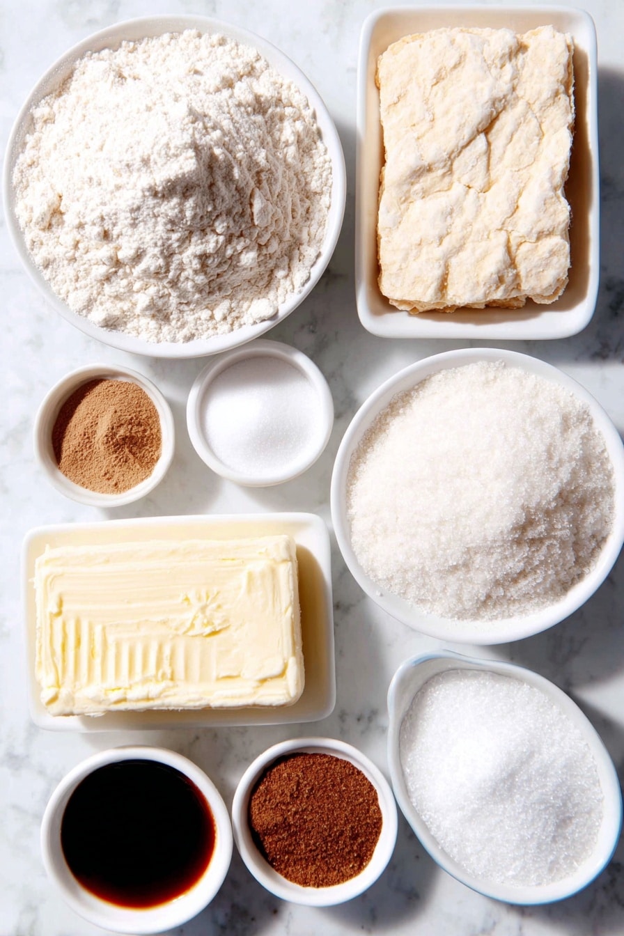 Flat lay of a small mound of all-purpose flour, a small white bowl with ground ginger, a small white bowl with ground cinnamon, a small white bowl with baking soda, a small white bowl with ground nutmeg, a small white bowl with ground allspice, a large square of salted sweet cream butter, a small white bowl of light brown sugar, a small white bowl of dark molasses, one whole uncracked large egg, a small white bowl of vanilla extract, a block of white almond bark, and a small white bowl filled with coarse sanding sugar placed on a clean white marble surface, soft natural light, photo taken with an iPhone, professional food photography style, fresh ingredients, white ceramic bowls, no bottles, no duplicates, no utensils, no packaging --ar 2:3 --v 7 --p m7354615311229779997 - Ginger Cookies with White Chocolate Dipping, spicy ginger cookies, holiday ginger cookies, chewy ginger cookies, white chocolate dipped cookies