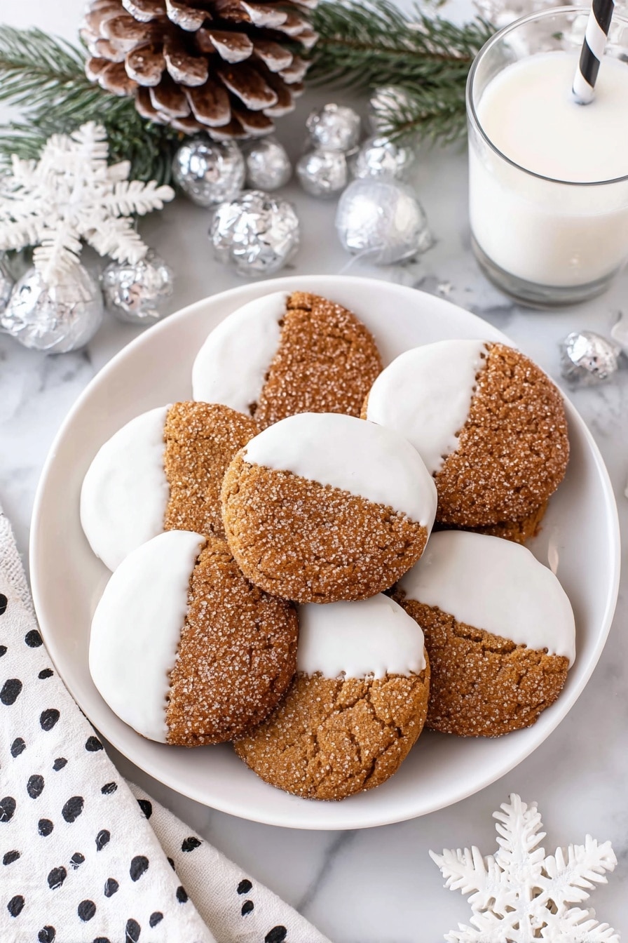 The image shows a white plate full of round cookies that are half-covered with smooth white icing on one side, while the other half reveals a textured brown cookie surface sprinkled with large sugar crystals. The cookies are stacked closely together, some overlapping, with a soft focus on the background cookies that blend into a white marbled texture. The contrast between the shiny white icing and the sparkling sugar crystals on the brown cookie gives a fresh and inviting look. photo taken with an iphone --ar 2:3 --v 7 - Ginger Cookies with White Chocolate Dipping, spicy ginger cookies, holiday ginger cookies, chewy ginger cookies, white chocolate dipped cookies