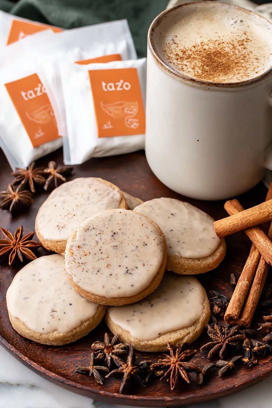 A white cup with a thick, light brown creamy drink inside, sprinkled with fine cinnamon powder on top, sits on a white plate with a slightly textured surface. A single round cookie with a light tan color and smooth glaze is placed resting on the cup's rim, topped with a dark brown star anise. Around the cup and plate, there are whole cinnamon sticks and several whole star anise spices scattered on a dark green fabric with a soft texture. More round cookies with the same light tan glaze and smooth texture are laid out around the scene on a white marbled surface. In the top right corner, a white bowl holds cinnamon sticks, star anise, and cloves. photo taken with an iphone --ar 2:3 --v 7 - Vanilla Chai Shortbread Cookies, chai spice shortbread, vanilla chai cookies, spiced shortbread recipes, cozy holiday cookies
