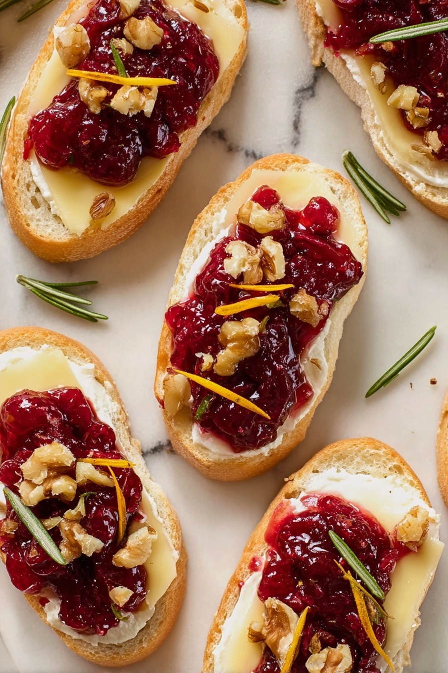 A white oval plate holds ten slices of light brown toasted baguette, each topped with a smooth layer of white creamy cheese, a dollop of bright red chunky cranberry sauce, small pieces of chopped nuts, a sprinkle of fine orange zest, and a small sprig of green rosemary placed neatly on top; three fresh rosemary sprigs lie between the bread slices as decoration. Behind the plate, there is a white bowl filled with more chunky cranberry sauce, another white small bowl with orange zest, all set on a light pink surface with a white marbled texture. Photo taken with an iphone --ar 2:3 --v 7 - Cranberry Brie Crostini, cranberry brie appetizer, easy holiday appetizers, festive crostini ideas, sweet savory appetizers