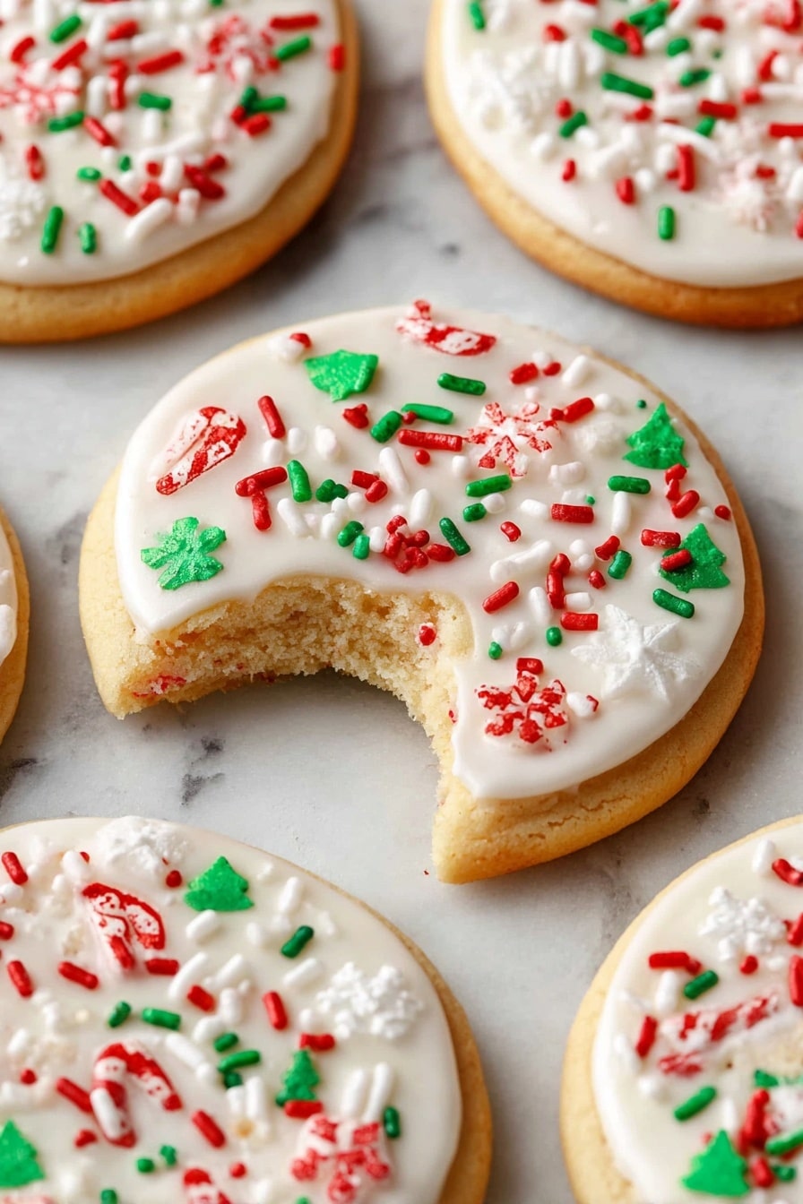 A pale pink oval plate filled with a pile of round sugar cookies, each with one layer of smooth white icing on top, decorated with small red and white candy cane-shaped sprinkles, tiny white snowflake sprinkles, and small green leaf-shaped sprinkles scattered evenly. One cookie at the front has a bite taken out of it, showing the golden-brown cookie base. Around the plate are plain round sugar cookies, a small white bowl filled with the same red, white, and green festive sprinkles, and a white bowl with a spoon resting inside it, placed on a white marbled surface. photo taken with an iphone --ar 2:3 --v 7 - Christmas Shortbread Cookies, holiday butter cookies, festive shortbread, easy Christmas cookies, melt-in-your-mouth holiday treats