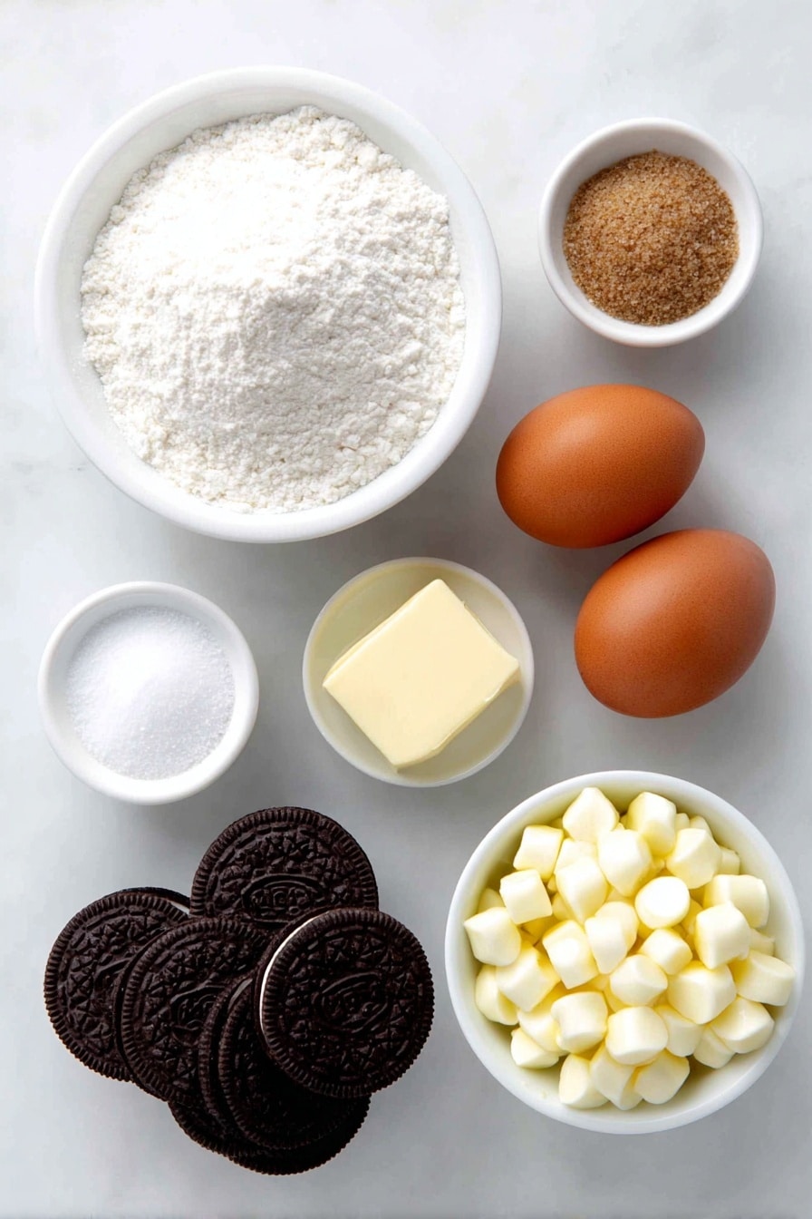 Flat lay of a small mound of all-purpose flour, two whole brown eggs with clean shells, a few tablespoons of unsalted butter softened into a smooth pat, a small white bowl with light brown packed brown sugar, a small white bowl with fine white granulated sugar, a small white bowl holding clear vanilla extract, a scattering of coarse sea salt crystals, a heap of white chocolate chips, and a stack of whole Oreo cookies including classic black and white and golden varieties, all arranged symmetrically with perfect balance on a simple white ceramic surface placed on a clean white marble surface, soft natural light, photo taken with an iPhone, professional food photography style, fresh ingredients, white ceramic bowls, no bottles, no duplicates, no utensils, no packaging --ar 2:3 --v 7 --p m7354615311229779997 - Oreo Chocolate Chip Cookies, Oreo Cookie Cookies, Chocolate Chip Cookies with Oreos, Easy Oreo Cookies, Chewy Oreo Cookies