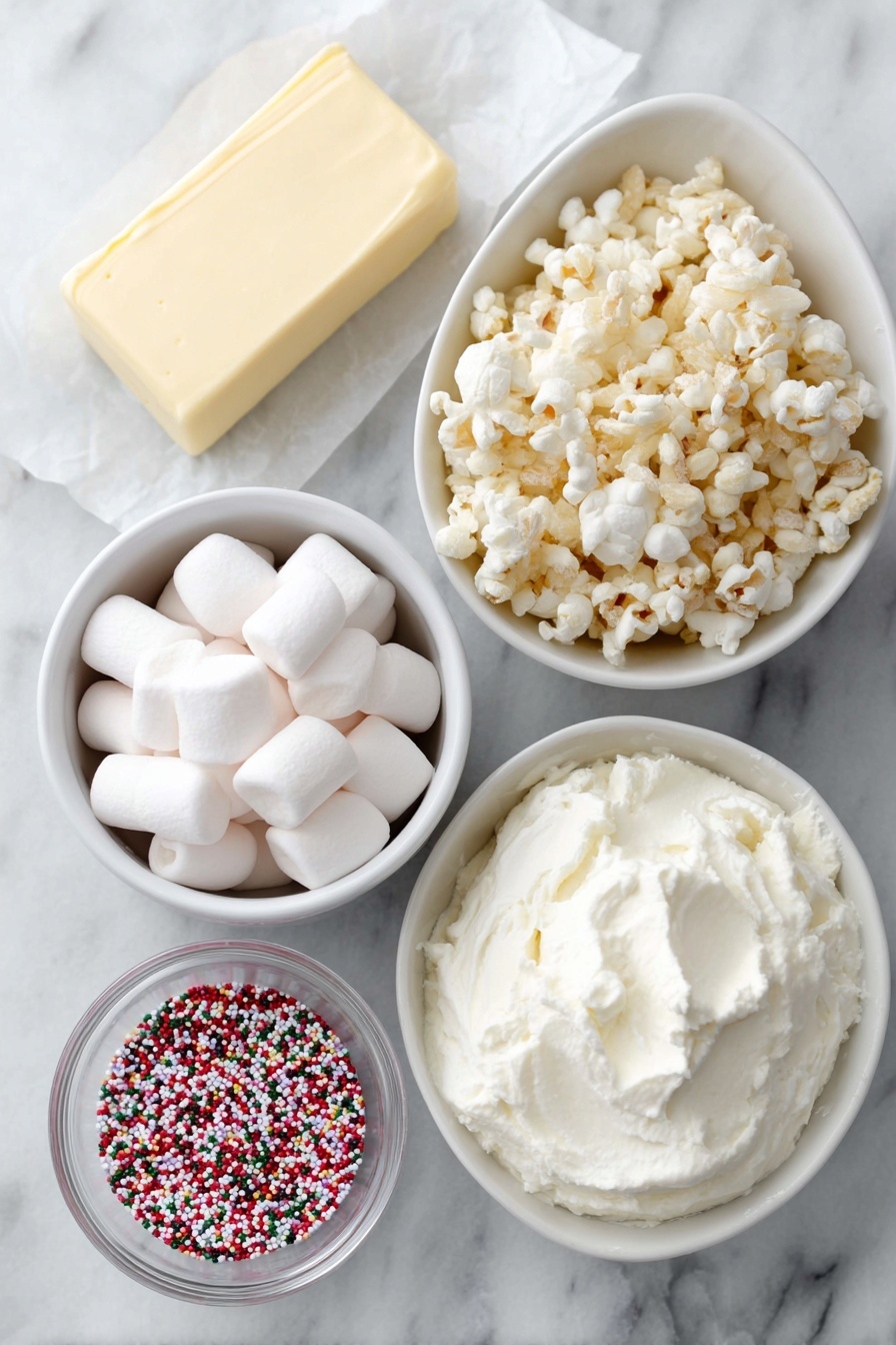 Flat lay of salted butter stick, a small white ceramic bowl with mini white marshmallows, a white ceramic bowl filled with puffed rice cereal, a small white ceramic bowl holding smooth pink candy melts, a small white ceramic bowl with clear vegetable oil, and a handful of colorful Valentine's Day heart-shaped sprinkles arranged in a neat pile, all placed on a clean white marble surface, soft natural light, photo taken with an iPhone, professional food photography style, fresh ingredients, white ceramic bowls, no bottles, no duplicates, no utensils, no packaging --ar 2:3 --v 7 --p m7354615311229779997 - Chocolate-Dipped Rice Krispie Treats, Rice Krispie Treats with Chocolate, Easy Rice Krispie Dessert, Festive Rice Krispie Snacks, Homemade Chocolate Rice Krispies