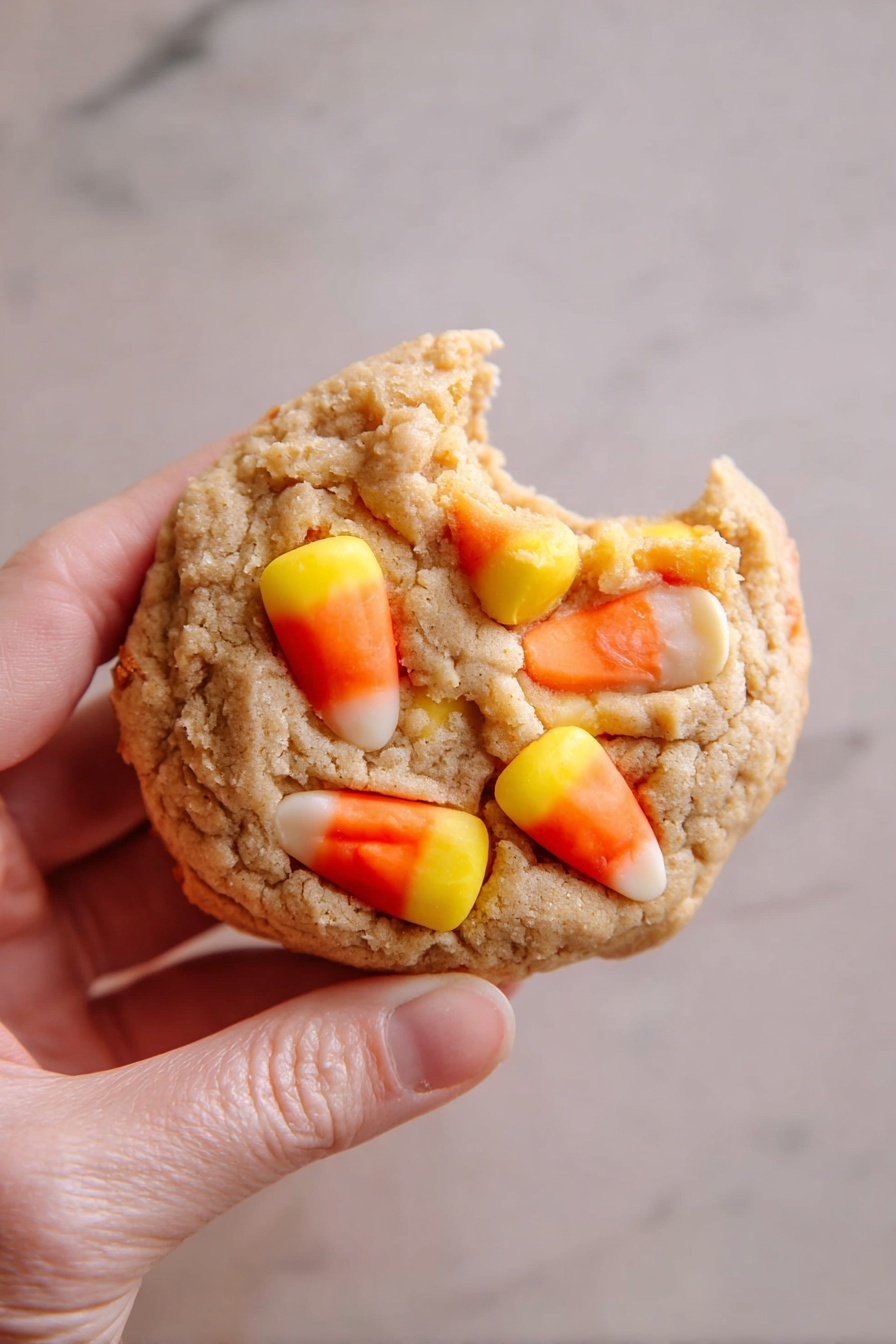 A close-up of a woman's hand holding a single round cookie with a rough, slightly cracked surface. The cookie is light brown with a soft texture, featuring five candy corn pieces embedded on the top, each candy having distinct yellow, orange, and white layers. The cookie has a bite taken out of the upper left side showing its slightly crumbly inside. The background is a soft white marbled texture. photo taken with an iphone --ar 2:3 --v 7 - Candy Corn Cookies with Peanuts, festive Halloween cookies, sweet and salty cookies, buttery candy corn cookies, easy fall treat