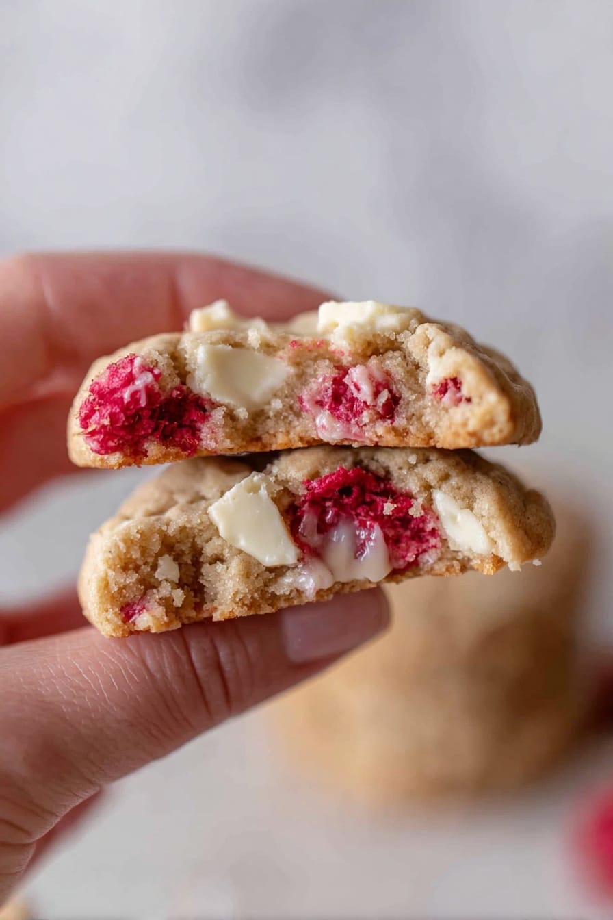A close-up image shows a half-eaten round cookie held by a woman's hand. The cookie has one visible layer with a rough texture and a light golden-brown color. On the top surface, there are chunks of white chocolate and pieces of red raspberry embedded, adding bright creamy white and deep red spots. The background is softly blurred, featuring a white marbled texture. photo taken with an iphone --ar 2:3 --v 7 - White Chocolate Raspberry Cookies, raspberry cookies, white chocolate dessert, soft chewy cookies, berry cookies