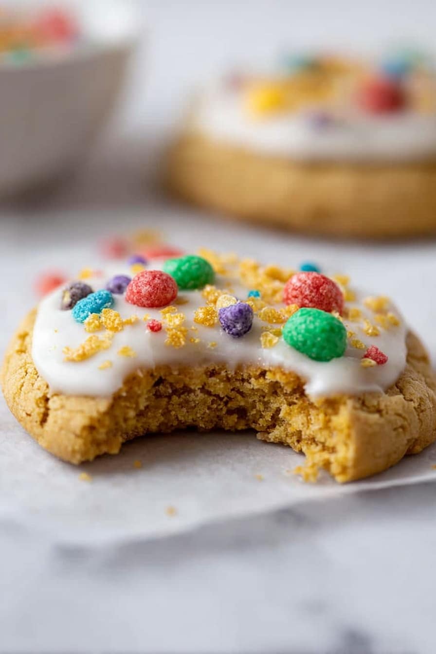 A close-up of a single slice of a cookie showing three visible layers: a thick, golden-brown soft cookie base with a slightly crumbly texture, topped with a thin, uneven layer of white icing dripping down the sides, decorated with colorful, round cereal pieces in red, green, blue, and purple embedded into the icing. Below the slice, a white bowl is filled with the same colorful cereal, with yellow, red, green, blue, and purple pieces. The scene is set against a white marbled surface with a few scattered crumbs and blurred cookie pieces around. Photo taken with an iphone --ar 2:3 --v 7 - Berry Crunch Cookie Delight, crunchy berry cookies with honey glaze, easy fruit cookie recipes, chewy fruit dessert ideas, homemade cereal cookies