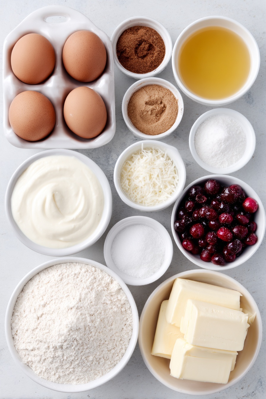 Flat lay of a small white ceramic bowl of golden canola oil, a small white ceramic bowl of creamy plain Greek yogurt, three whole large brown eggs with clean shells, a small white ceramic bowl piled with light brown sugar, a small white ceramic bowl of pale golden coconut rum, a small white ceramic bowl of clear vanilla extract, a small white ceramic bowl of creamy coconut nog, a simple mound of all-purpose flour, a small white ceramic bowl of white baking soda powder, a small white ceramic bowl of white baking powder, a small white ceramic bowl of coarse kosher salt, a small white ceramic bowl filled with fresh bright red cranberries, a small white ceramic bowl of amber maple syrup, a small white ceramic bowl of vibrant orange juice with a few strips of orange zest beside it, a small white ceramic bowl of white vanilla extract, a small white ceramic bowl of ground ginger powder, a small white ceramic bowl of ground cinnamon, three sticks of pale yellow salted butter, a small white ceramic bowl of powdered white sugar, a small white ceramic bowl holding broken pieces of white chocolate, a few fresh sprigs of green rosemary, a small pile of shredded white coconut flakes, and a small white ceramic bowl of sugared cranberries with a sparkling sugar coating, placed on a clean white marble surface, soft natural light, photo taken with an iPhone, professional food photography style, fresh ingredients, white ceramic bowls, no bottles, no duplicates, no utensils, no packaging --ar 2:3 --v 7 --p m7354615311229779997 - White Cranberry Layer Cake, festive holiday cake, white chocolate cranberry cake, layered cranberry cake recipe, moist vanilla cake with cranberry jam