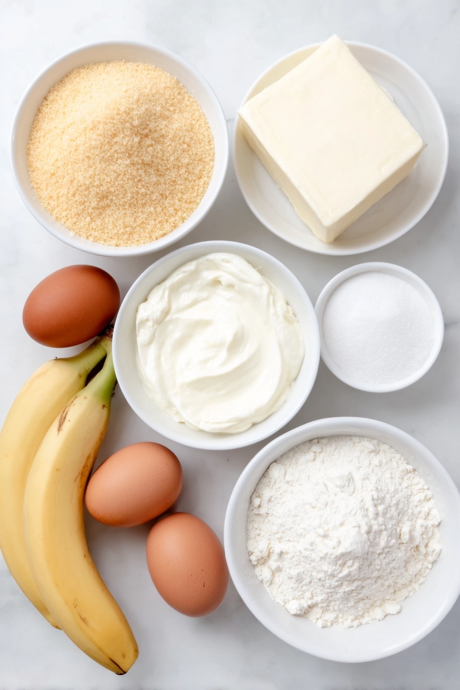 Flat lay of a small mound of golden crushed Nilla Wafer cookie crumbs, a small white bowl with melted unsalted butter, four whole large brown eggs with clean shells, a large block of creamy white cream cheese, a small white bowl filled with fine granulated sugar, a small white bowl of smooth all-purpose flour, a small white bowl of pale sour cream, two ripe unpeeled bananas with light brown speckles, a small white bowl containing vanilla bean paste, and a small white bowl with fine white salt, all arranged in perfect symmetry on simple white ceramic dishes, placed on a clean white marble surface, soft natural light, photo taken with an iPhone, professional food photography style, fresh ingredients, white ceramic bowls, no bottles, no duplicates, no utensils, no packaging --ar 2:3 --v 7 --p m7354615311229779997 - Banana Pudding Cheesecake, banana pudding cheesecake recipe, creamy banana dessert, no-bake cheesecake with bananas, easy banana pudding cheesecake