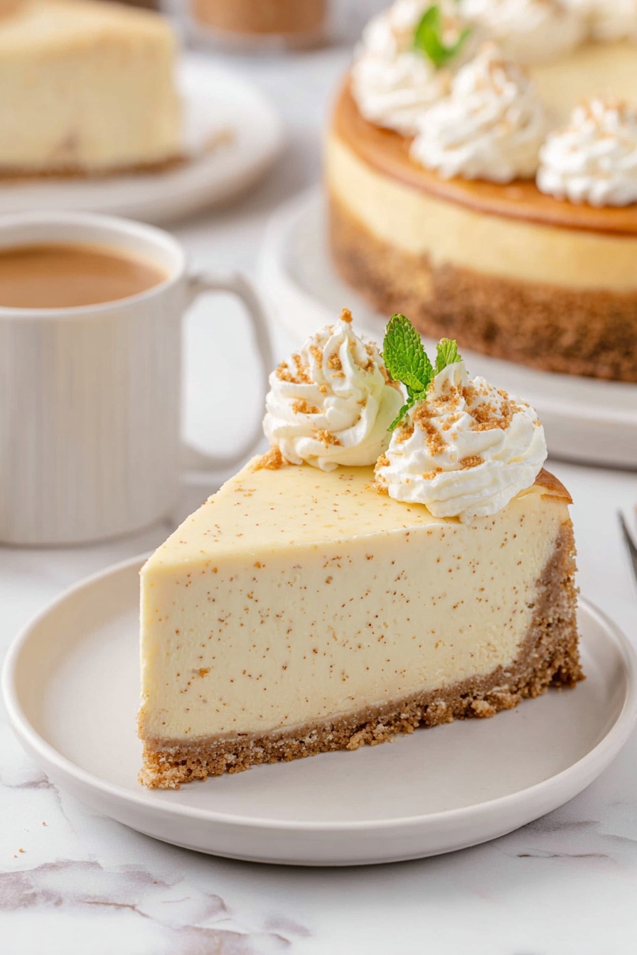 The image shows a creamy banana cheesecake with three visible layers on a white plate set on a white marbled surface: the bottom layer is a thick, crumbly light brown crust, the middle layer is a pale yellow cheesecake with small brown banana bits inside, and the top layer is a smooth golden-brown glaze. Each slice is decorated with a swirl of white whipped cream, topped with a slice of banana and a small green mint leaf. One slice is lifted by a silver cake server, showing the detailed texture of each layer. In the background, another slice rests on a white plate with a blurred white mug nearby. photo taken with an iphone --ar 2:3 --v 7 - Banana Pudding Cheesecake, banana pudding cheesecake recipe, creamy banana dessert, no-bake cheesecake with bananas, easy banana pudding cheesecake
