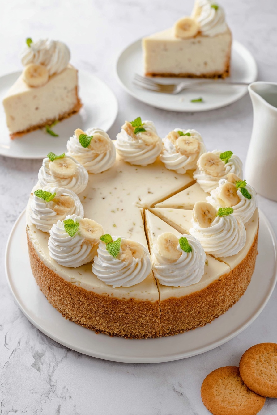 A round cheesecake sits on a white plate on a white marbled surface, with six slices already cut but still in place. The cheesecake has two main layers: a thick, crumbly golden brown base and a light cream middle layer with tiny specks. The top is pale with a smooth texture and decorated with large swirls of white whipped cream evenly spaced around the edge. Each swirl is garnished with small banana slices and tiny green mint leaves. In the back, a slice of the same cheesecake sits on another white plate with a silver fork resting beside it, and a small white pitcher is also visible nearby. Two light brown round cookies lay on the surface next to the plate. Photo taken with an iphone --ar 2:3 --v 7 - Banana Pudding Cheesecake, banana pudding cheesecake recipe, creamy banana dessert, no-bake cheesecake with bananas, easy banana pudding cheesecake