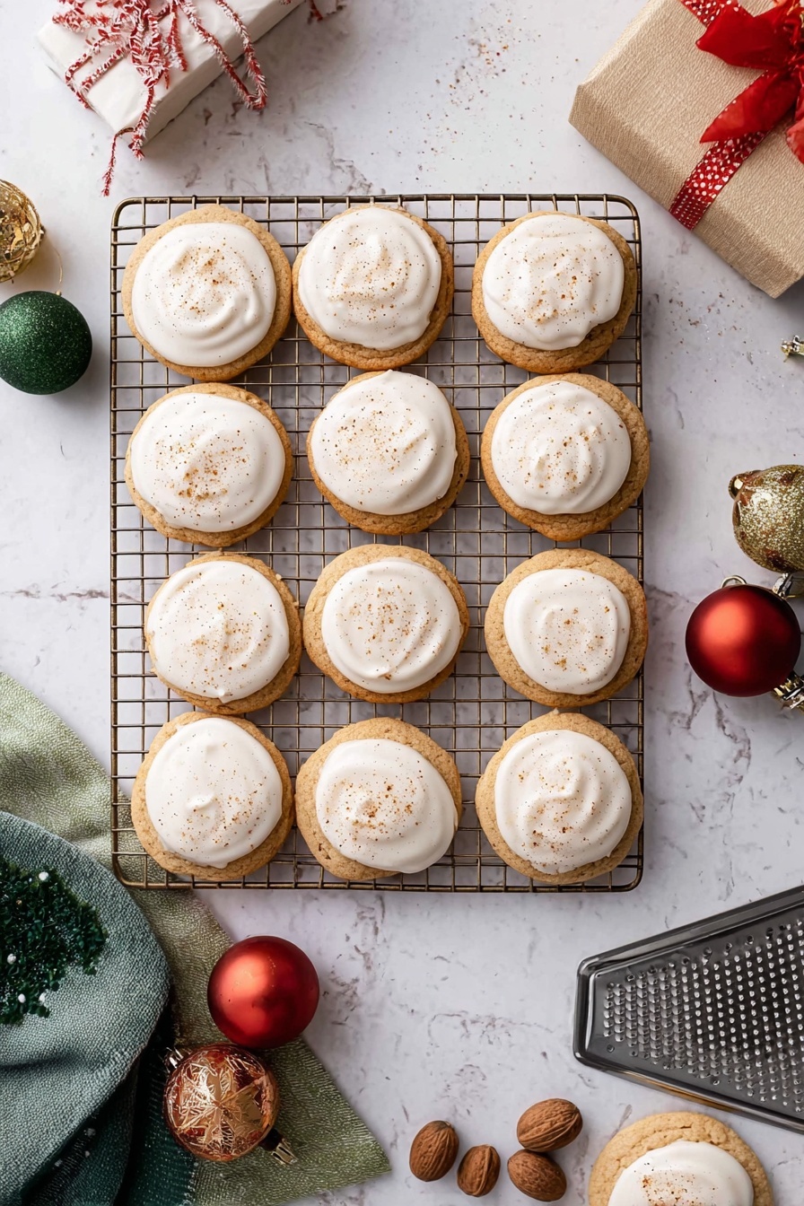 A stack of three round light brown cookies with creamy white frosting in the middle and on top is placed on a white marbled surface. The top cookie has a bite taken from it, showing a soft, crumbly texture inside. The frosting is smooth, slightly thick, and has tiny brown spice specks sprinkled on top. Around the stack, there are more cookies with white frosting on a white scalloped plate and a few loose cookies directly on the surface. Small red and gold Christmas ornaments add a festive touch in the blurred background. Photo taken with an iphone --ar 2:3 --v 7 - Eggnog Cookies with Icing, Eggnog Cookies, Holiday Cookie Recipes, Festive Eggnog Cookies, Easy Eggnog Cookie Recipe