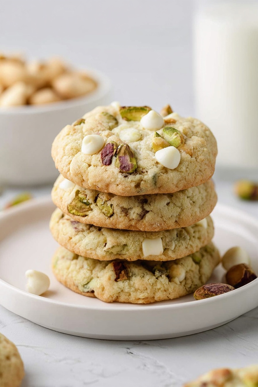 A pile of seven round cookies with a light beige color and slightly golden edges rest on a brown wire cooling rack lined with crinkled white paper. Each cookie has visible white chips and small pieces of pistachios embedded evenly in the dough, adding texture with their greenish-brown hues. The cookies appear soft with slight cracks on the surface, and the background has a white marbled texture. photo taken with an iphone --ar 2:3 --v 7 - White Chocolate Pistachio Cookies, White Chocolate Pistachio Cookies Recipe, Pistachio Cookies with White Chocolate, Easy White Chocolate Pistachio Cookies, Best Pistachio Cookies with White Chocolate