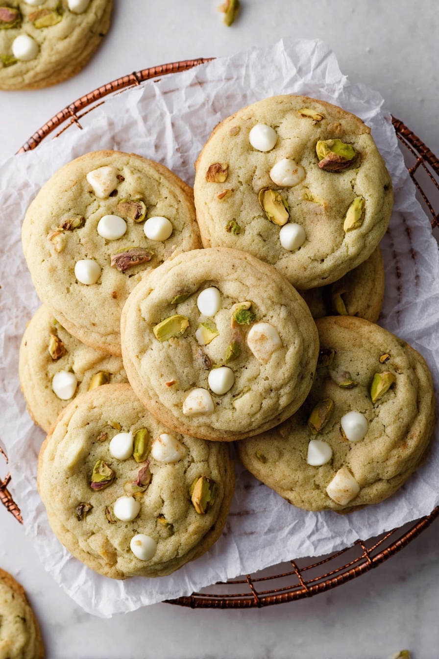 A stack of five thick cookies rests on a white plate. Each cookie is light golden brown with a soft and slightly uneven texture, dotted with bits of white chocolate and small pieces of nuts in various shades of brown. The cookies have a slightly rough, bumpy surface with visible chunks inside. The plate sits on a white marbled surface, and the background is softly blurred with white containers and a large wire whisk visible behind the stack. Photo taken with an iphone --ar 2:3 --v 7 - White Chocolate Pistachio Cookies, White Chocolate Pistachio Cookies Recipe, Pistachio Cookies with White Chocolate, Easy White Chocolate Pistachio Cookies, Best Pistachio Cookies with White Chocolate
