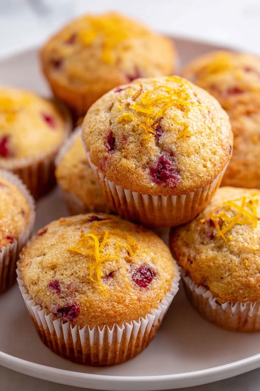The image shows a white plate holding two cranberry muffins. One muffin is whole with a golden brown top sprinkled with small red cranberries and thin orange peel strips on top. The other muffin is torn in half, displaying a soft, light yellow interior filled with bright red cranberry pieces and bits of orange peel. The muffins sit in white paper liners with some red cranberry stains. Around the muffins, there are a few loose whole cranberries. A silver fork is partly visible on the white marbled surface beside the plate. photo taken with an iphone --ar 2:3 --v 7 - Cranberry Orange Muffins, Cranberry Orange Muffins Recipe, Easy Cranberry Muffins, Bright Citrus Muffins, Juicy Cranberry Breakfast Treats