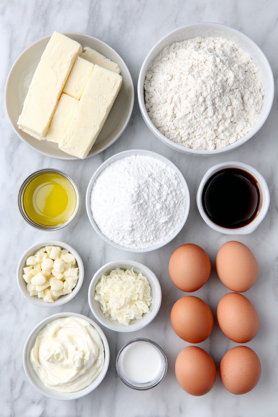 Flat lay of finely chopped white chocolate in a simple white ceramic bowl, a small white bowl filled with creamy buttermilk, a neat pile of all-purpose flour, a small mound of baking powder next to baking soda and salt crystals arranged individually, a half cup of room temperature unsalted butter portioned smoothly, a small white bowl with golden vegetable oil, a small heap of white granulated sugar, four large whole brown eggs with clean shells, a small white bowl holding clear vanilla extract, a large portion of powdered sugar in a white bowl, a small white bowl with fresh heavy cream, a small white ceramic bowl filled with white chocolate chips, all ingredients balanced symmetrically and naturally placed on a clean white marble surface, soft natural light, photo taken with an iPhone, professional food photography style, fresh ingredients, white ceramic bowls, no bottles, no duplicates, no utensils, no packaging --ar 2:3 --v 7 --p m7354615311229779997 - White Chocolate Layer Cake, white chocolate cake recipe, elegant layered cake, easy white chocolate dessert, bakery-style cake easy to make