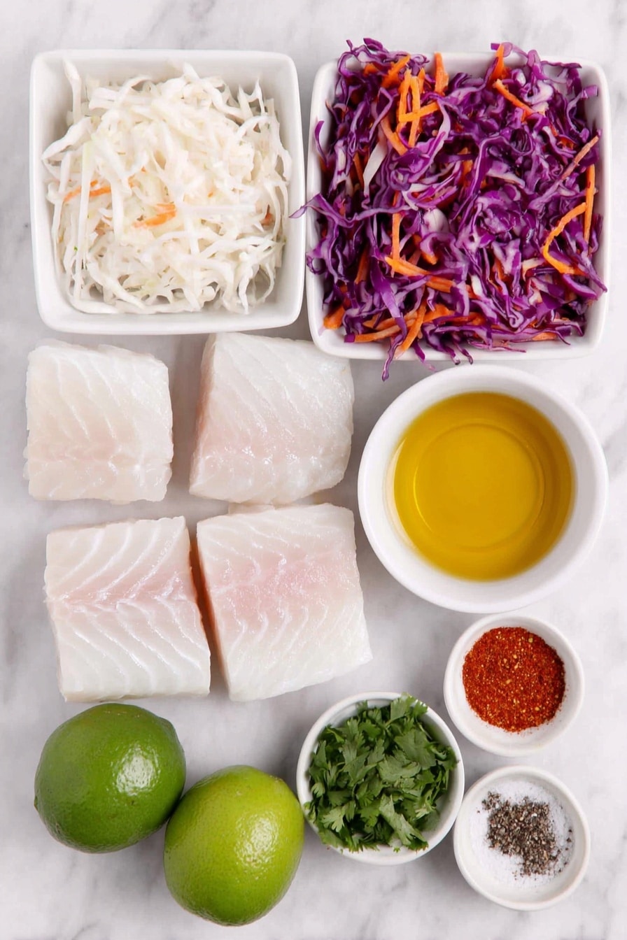 Flat lay of fresh white fish fillets cut into chunks, two whole bright green limes (one halved), a small white ceramic bowl with smooth mayonnaise, a small white bowl filled with vibrant orange-red sriracha sauce, a heap of colorful slaw made of red cabbage, white cabbage, and shredded carrots, fresh green cilantro sprigs, a small white bowl of golden olive oil, a small white bowl containing coarse kosher salt, and a small white bowl with deep red Cajun seasoning powder, all arranged symmetrically on a clean white marble surface, soft natural light, photo taken with an iPhone, professional food photography style, fresh ingredients, white ceramic bowls, no bottles, no duplicates, no utensils, no packaging --ar 2:3 --v 7 --p m7354615311229779997 - Air Fryer Fish Taco Bowls, healthy fish taco bowls, quick fish taco dinner, crispy fish bowl recipes, easy air fryer seafood meals