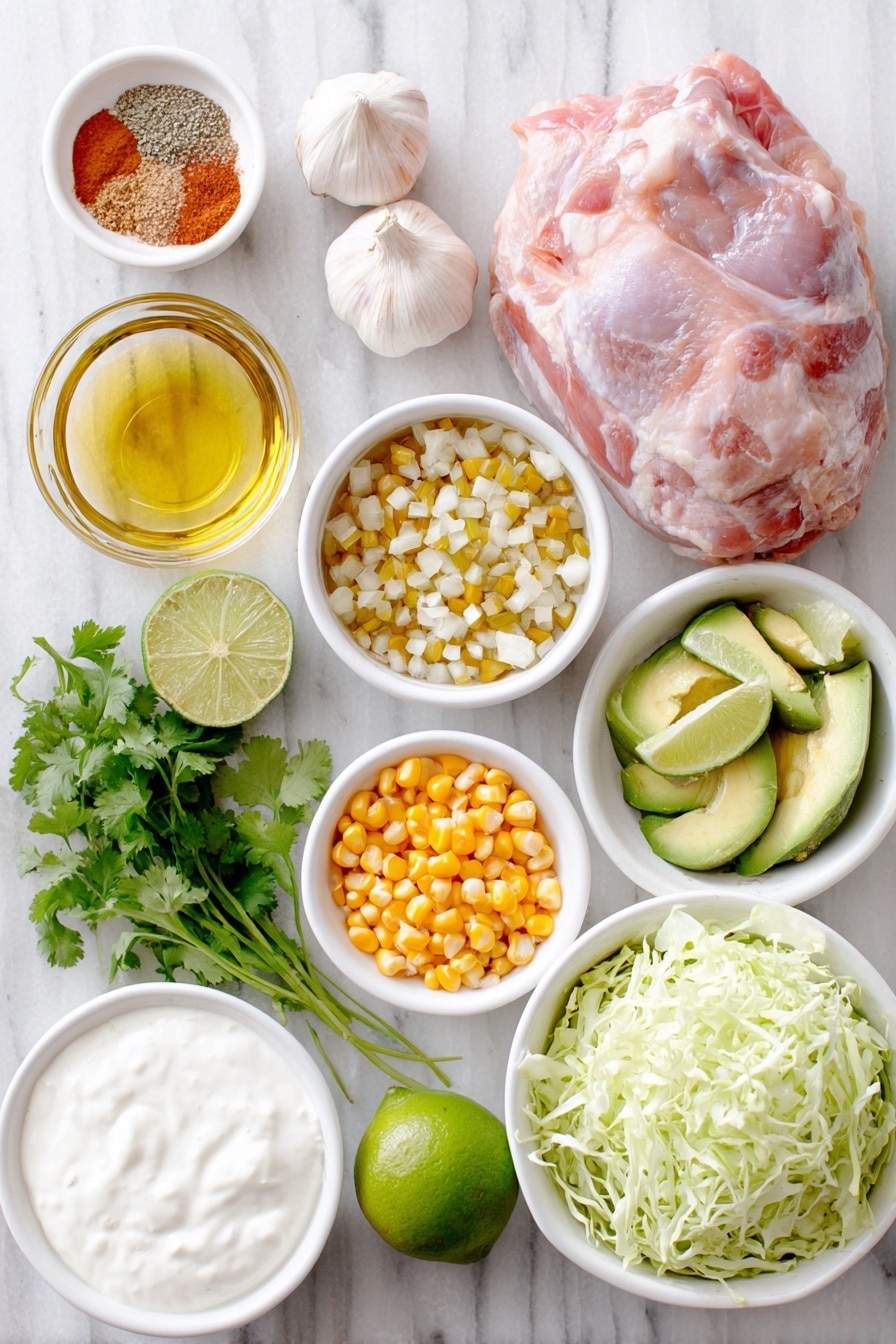 Flat lay of a small white ceramic bowl of golden olive oil, half a large diced yellow onion, one finely diced green bell pepper, four peeled garlic cloves, small white bowls each containing ground cumin, ground coriander, garlic powder, and dried oregano, a whole raw boneless skinless chicken thigh, a small white bowl filled with drained hominy kernels, a small white bowl of canned green chiles, a small pile of bright yellow sweet corn kernels, a small bunch of fresh cilantro sprigs, one whole lime cut in half showing juicy green flesh, shredded crisp green cabbage, a small white bowl with creamy white Greek yogurt, several fresh avocado slices with vibrant green flesh, and lime wedges arranged symmetrically, all placed on a clean white marble surface, soft natural light, photo taken with an iPhone, professional food photography style, fresh ingredients, white ceramic bowls, no bottles, no duplicates, no utensils, no packaging --ar 2:3 --v 7 --p m7354615311229779997 - Green Chile Chicken Pozole Soup, Mexican pozole soup, homemade green chile soup, comforting chicken soup, easy Mexican soup recipes