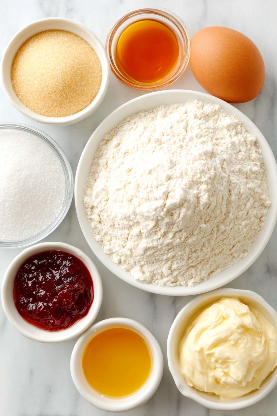 Flat lay of a small white ceramic bowl of active dry yeast granules, a small white ceramic bowl of white granulated sugar, a small white ceramic bowl filled with lukewarm milk, a medium mound of all-purpose flour on white ceramic plate, a small white ceramic bowl containing coarse salt crystals, one large brown egg with clean shell, a small white ceramic bowl filled with thick sour cream, a small white ceramic bowl holding melted golden butter, a small white ceramic bowl of clear vegetable oil, a small white ceramic bowl of bright red jelly, and a small white ceramic bowl of fine white powdered sugar placed on a clean white marble surface, soft natural light, photo taken with an iPhone, professional food photography style, fresh ingredients, white ceramic bowls, no bottles, no duplicates, no utensils, no packaging --ar 2:3 --v 7 --p m7354615311229779997 - Jelly Donuts, homemade jelly donuts, fluffy donut recipe, easy jelly donut recipe, how to make jelly donuts
