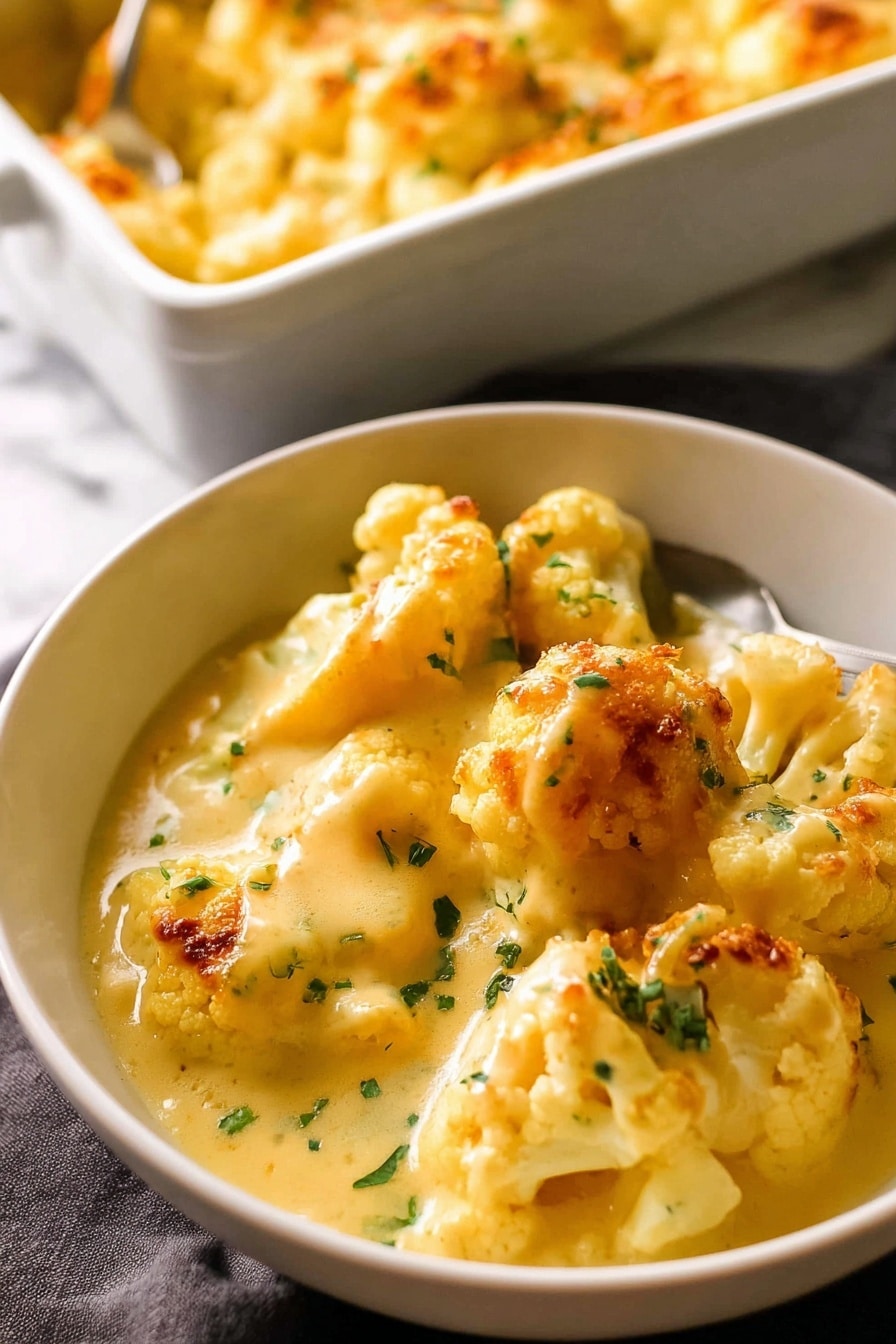 This image shows a white rectangular baking dish filled with a creamy, golden-yellow baked cauliflower cheese casserole. The casserole has two main layers: the bottom layer has tender cauliflower pieces mixed in a smooth, rich cheese sauce, and the top layer is covered with a bubbly, browned cheese crust with crispy, slightly darker golden spots. Small green herb bits are sprinkled across the top, adding a touch of color. A silver spoon with a brown handle scoops out a portion, revealing the soft cauliflower underneath the cheese. In the background, a white bowl with a brown inside holds a dollop of the same dish, and some green herbs are visible nearby on a white marbled surface. Photo taken with an iphone --ar 2:3 --v 7 - Cheesy Cauliflower Bake, roasted cauliflower and cheese, cheesy vegetable casserole, easy cauliflower side dish, comforting veggie bake