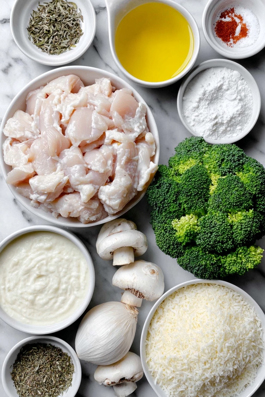 Flat lay of a small white ceramic bowl of golden cooking oil, a pile of fresh raw chicken breast pieces, vibrant green broccoli florets, a mound of cooked white rice, a small whole yellow onion, a cluster of sliced white mushrooms, a small white bowl of fine white arrowroot flour, four whole uncracked garlic cloves, a small white bowl of creamy coconut milk, a small white bowl of light brown broth, a small white bowl filled with dried thyme leaves, a small white bowl of fine sea salt, a small white bowl of ground black pepper, and a small white bowl of pale yellow nutritional yeast flakes, all perfectly arranged symmetrically on a clean white marble surface, soft natural light, photo taken with an iPhone, professional food photography style, fresh ingredients, white ceramic bowls, no bottles, no duplicates, no utensils, no packaging --ar 2:3 --v 7 --p m7354615311229779997 - Healthy Chicken Broccoli Casserole, healthy chicken casserole, chicken broccoli bake, nutritious chicken casserole, easy healthy dinner