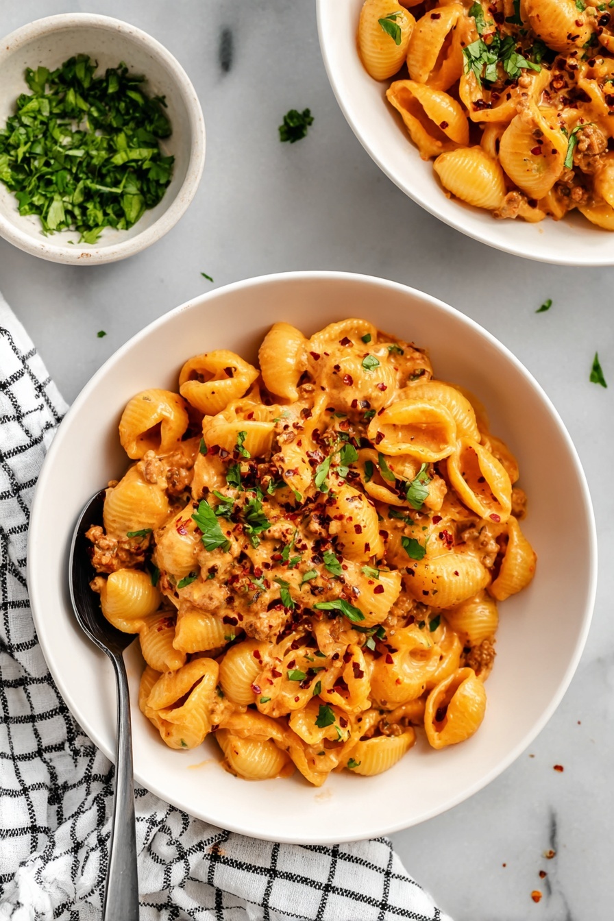 A white bowl filled with pasta shells covered in a smooth orange sauce, mixed with pieces of light brown nuts, and sprinkled with small chopped green herbs and tiny red flakes. The pasta looks soft and creamy, with the sauce evenly coating each shell. A metal spoon rests inside the bowl, and part of a second bowl with the same dish is visible in the background on a white marbled surface. photo taken with an iphone --ar 2:3 --v 7 - Healthy Turkey Pasta Bake, healthy pasta casserole, turkey pasta dinner, easy healthy baked pasta, lean turkey pasta dish