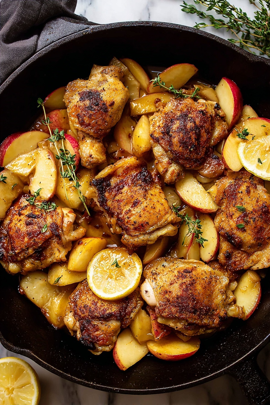 The image shows a black cast iron pan filled with six cooked chicken pieces that have a golden brown, slightly crispy texture. Underneath the chicken, there are several slices of cooked apples with a warm yellow and red color. The apples look soft and coated with a light glaze. Small sprigs of green thyme are scattered on top of the chicken. Near the chicken, there are two lemon slices with a pale yellow inside. The pan is placed on a wooden surface with whole red apples and a lemon wedge around it. photo taken with an iphone --ar 2:3 --v 7 - Apple Crisp, apple crisp recipe, easy apple crisp, fall dessert recipes, healthy apple crisp