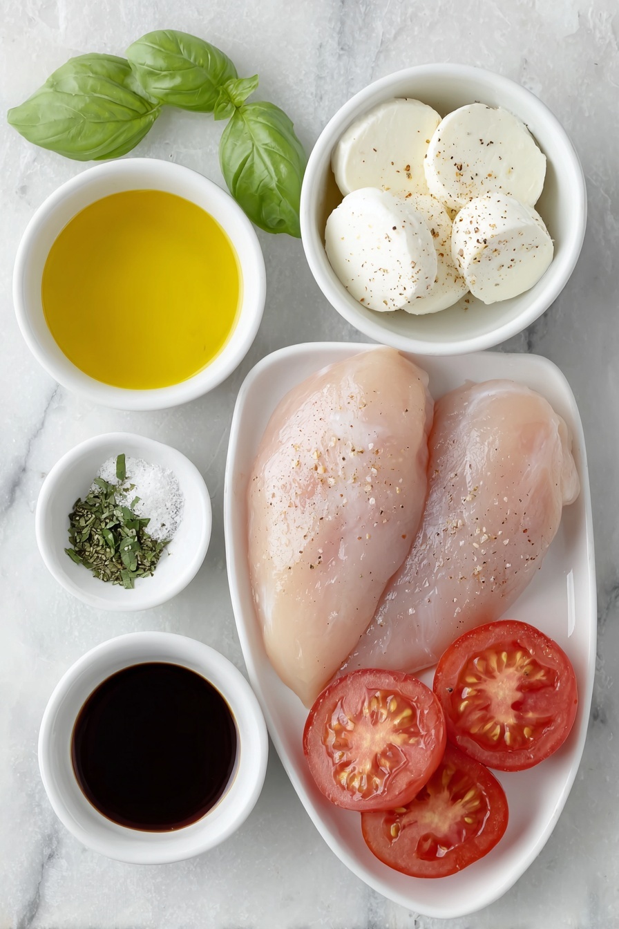 Flat lay of boneless skinless chicken breasts, a small white bowl of golden olive oil, a small white bowl with mixed Italian seasoning and paprika, a small white bowl of coarse kosher salt and black pepper, fresh mozzarella cheese sliced into thin rounds, a halved Roma tomato sliced, a small white bowl of dark glossy balsamic vinegar, a small white bowl of golden honey, fresh bright green basil leaves chopped, all arranged symmetrically on simple white ceramic dishes placed on a clean white marble surface, soft natural light, photo taken with an iPhone, professional food photography style, fresh ingredients, white ceramic bowls, no bottles, no duplicates, no utensils, no packaging --ar 2:3 --v 7 --p m7354615311229779997 - Caprese Hasselback Chicken, Caprese chicken recipe, easy chicken dinner, baked chicken with mozzarella, tomato basil chicken