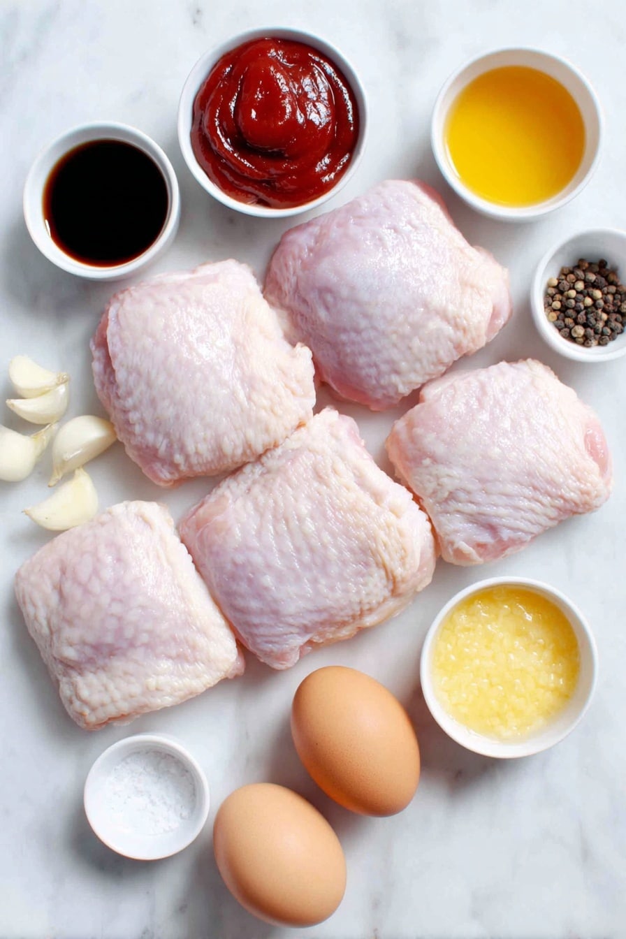 Flat lay of six raw boneless skinless chicken thigh fillets arranged neatly, two crushed garlic cloves, a small white ceramic bowl of thick red ketchup, a small white ceramic bowl of dark soy sauce, a small white ceramic bowl of golden honey, a small white ceramic bowl of pale yellow Dijon mustard, a small white ceramic bowl of amber vinegar, a small white ceramic bowl of bright orange hot sauce, a small white ceramic bowl of clear water, two whole uncracked brown eggs, and small piles of coarse kosher salt and whole black peppercorns, all placed with perfect symmetry on a clean white marble surface, soft natural light, photo taken with an iPhone, professional food photography style, fresh ingredients, white ceramic bowls, no bottles, no duplicates, no utensils, no packaging --ar 2:3 --v 7 --p m7354615311229779997 - Sticky Chicken Thighs with Savory Sauce, flavorful chicken thigh recipe, quick chicken dinner ideas, easy Asian-inspired chicken, savory sticky chicken