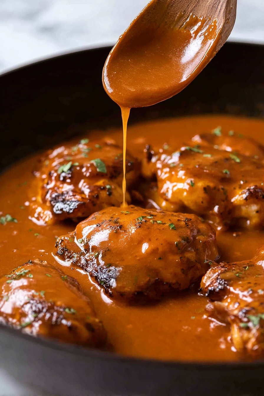 The image shows a close-up of a dish with three layers. The bottom layer is creamy mashed potatoes, smooth and pale in color. On top of that sits a layer of cooked chicken with a golden-brown outside and tender white inside. The chicken is covered with a thick, reddish-brown sauce that looks rich and shiny, sprinkled with small green herb pieces. In the lower part of the image, a green garnish lies loosely on the white marbled surface. A silver fork is piercing the chicken on the left side. Photo taken with an iphone --ar 2:3 --v 7 - Sticky Chicken Thighs with Savory Sauce, flavorful chicken thigh recipe, quick chicken dinner ideas, easy Asian-inspired chicken, savory sticky chicken