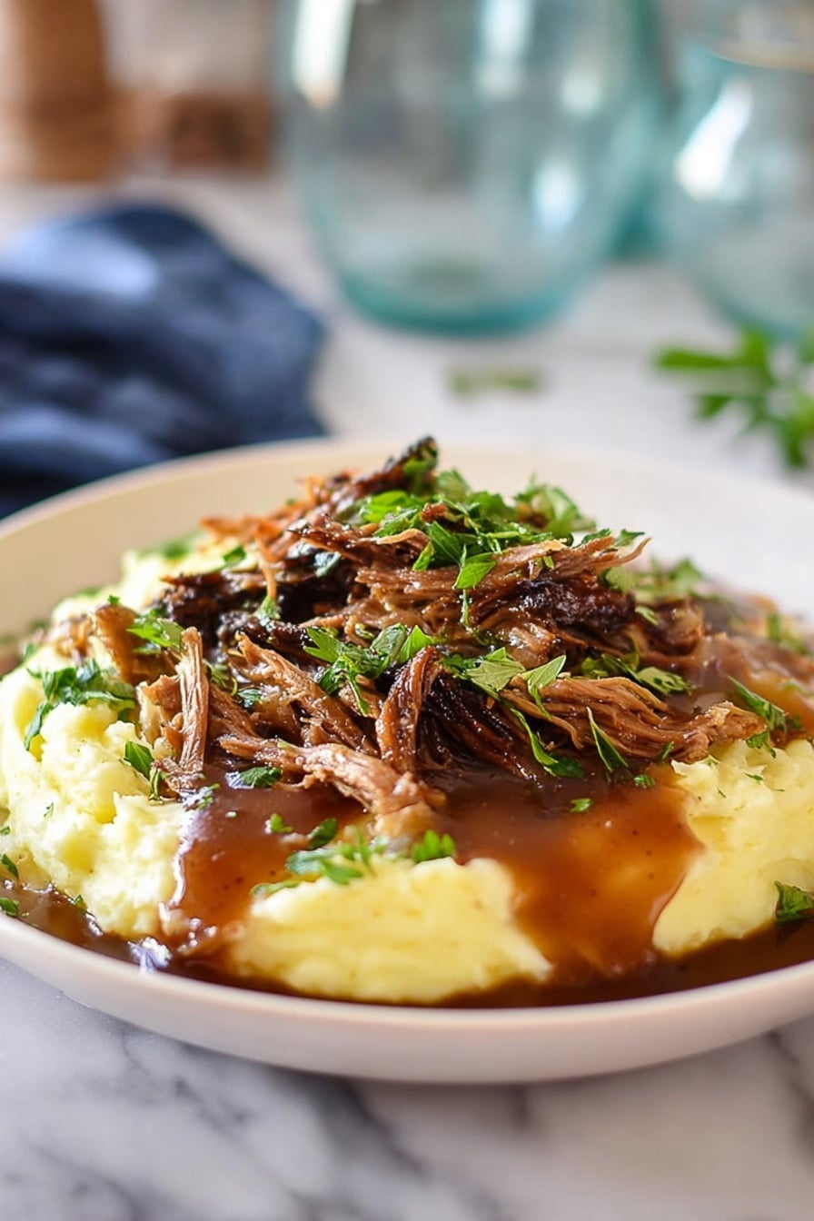 The image shows a large piece of cooked meat with a dark, browned crust covered in crushed black pepper and herbs, sitting in a pool of seasoned brown juices inside a black slow cooker. On top of the meat, there is a small bunch of fresh green thyme. The slow cooker is placed on a white marbled surface with a corner of a blue and white patterned cloth visible in the background. photo taken with an iphone --ar 2:3 --v 7 - Slow Cooker Roast Beef with Herbs, Roast Beef with Herbs, Slow Cooker Beef Recipe, Easy Herb Roast Beef, Juicy Slow Cooker Roast Beef