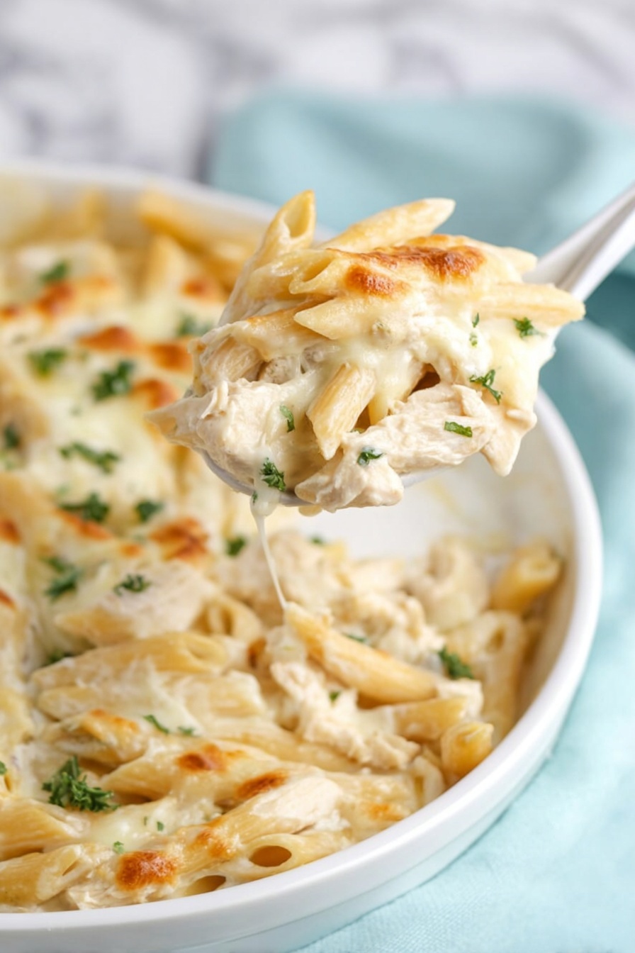 The image shows an oval white dish filled with creamy baked pasta topped with melted cheese that is lightly browned at the edges and dotted with green herb pieces. The dish contains penne pasta coated in a thick white sauce mixed with small pieces of white meat and garnished with some green parsley flakes scattered on top. A white spoon lifting a portion of the pasta reveals layers of soft pasta, creamy sauce, melted cheese, and bits of meat inside. The dish sits on a wooden board placed on a light teal cloth, all set upon a white marbled surface, with silver forks and some fresh green herbs in the background. photo taken with an iphone --ar 2:3 --v 7 - Quick Chicken Alfredo Pasta Bake, Creamy Pasta Bake, Easy Chicken Pasta Dinner, cheesy casserole with Alfredo sauce, quick weeknight pasta recipe