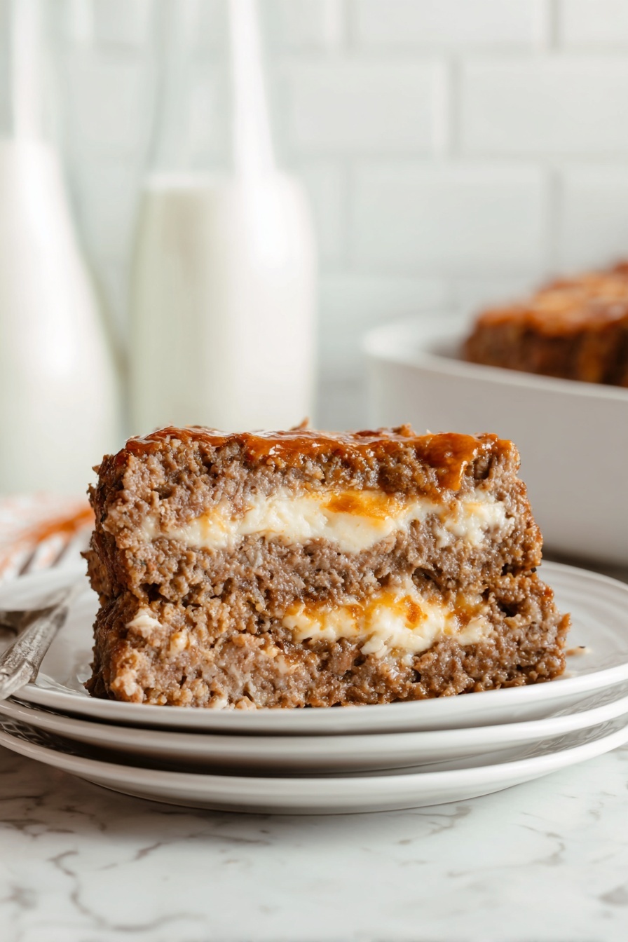 A glass baking dish holds a rectangular meatloaf with a browned, slightly crusty top layer that looks textured with small bits of white fat or seasoning visible inside. The meatloaf shows a mix of dark brown and light golden brown colors, indicating cooked edges and moist interior. It sits on a white marbled surface with scattered bits of shredded orange cheese around it. Next to the dish is a white plate with a simple textured rim, holding two silver forks, and a white kitchen towel with blue stripes is placed partly under the dish. To the right, fresh green parsley adds a splash of color. Photo taken with an iphone --ar 2:3 --v 7 - Cheese-Stuffed Meatloaf, meatloaf with cheese, best cheese-filled meatloaf, savory cheese meatloaf, easy cheese stuffed meatloaf