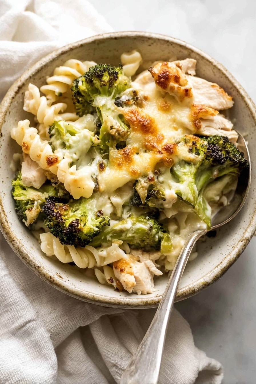 The image shows a white baking dish filled with a creamy pasta bake. The dish has three main layers: at the bottom, there are twisted pasta pieces mixed unevenly with chunks of lightly browned cooked chicken and green broccoli florets. The middle layer is a creamy white sauce that coats the pasta and veggies, visible especially where a spoon has scooped out a portion. The top layer is golden brown melted cheese with browned bubbles, giving a slightly crispy texture in some parts. A metal spoon rests inside the dish, partially scooping the pasta bake. The dish sits on a white marbled surface. Photo taken with an iphone --ar 2:3 --v 7 - Creamy Chicken and Broccoli Pasta Bake, chicken broccoli pasta casserole, cheesy baked chicken and broccoli, easy chicken pasta bake, comforting pasta bake