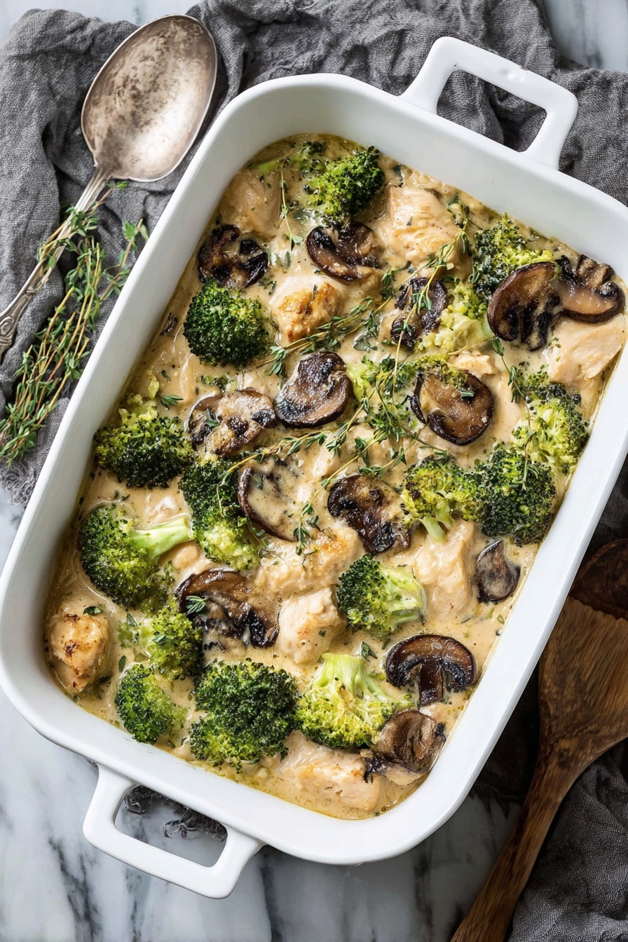 This close-up image shows a creamy casserole dish in a white casserole dish, layered with bright green broccoli florets and light beige pieces of cooked meat, mixed with soft, small chunks of light-colored rice or grains. There are also thin, dark-edged slices of mushrooms scattered throughout. Tiny green herb sprigs add a fresh touch on top. A dark metal spoon is partially scooping the food from the dish, resting on the white marbled surface beneath. The textures are creamy and soft, with some slight bubbling visible on the broccoli. Photo taken with an iphone --ar 2:3 --v 7 - Healthy Chicken Broccoli Casserole, healthy chicken casserole, chicken broccoli bake, nutritious chicken casserole, easy healthy dinner
