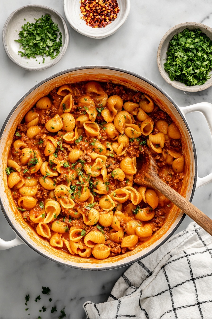 A large white pot filled with elbow macaroni pasta in a rich, orange-red tomato sauce with small bits of ground meat mixed throughout. The pasta is well coated with the sauce, and fresh green chopped parsley is sprinkled on top for color. A wooden spoon is resting inside the pot, partly submerged in the pasta. Around the pot are small white bowls, one with fresh chopped parsley and another with red chili flakes, all placed on a white marbled surface. A white towel with black grid lines lies to the right of the pot. Photo taken with an iphone --ar 2:3 --v 7 - Healthy Turkey Pasta Bake, healthy pasta casserole, turkey pasta dinner, easy healthy baked pasta, lean turkey pasta dish